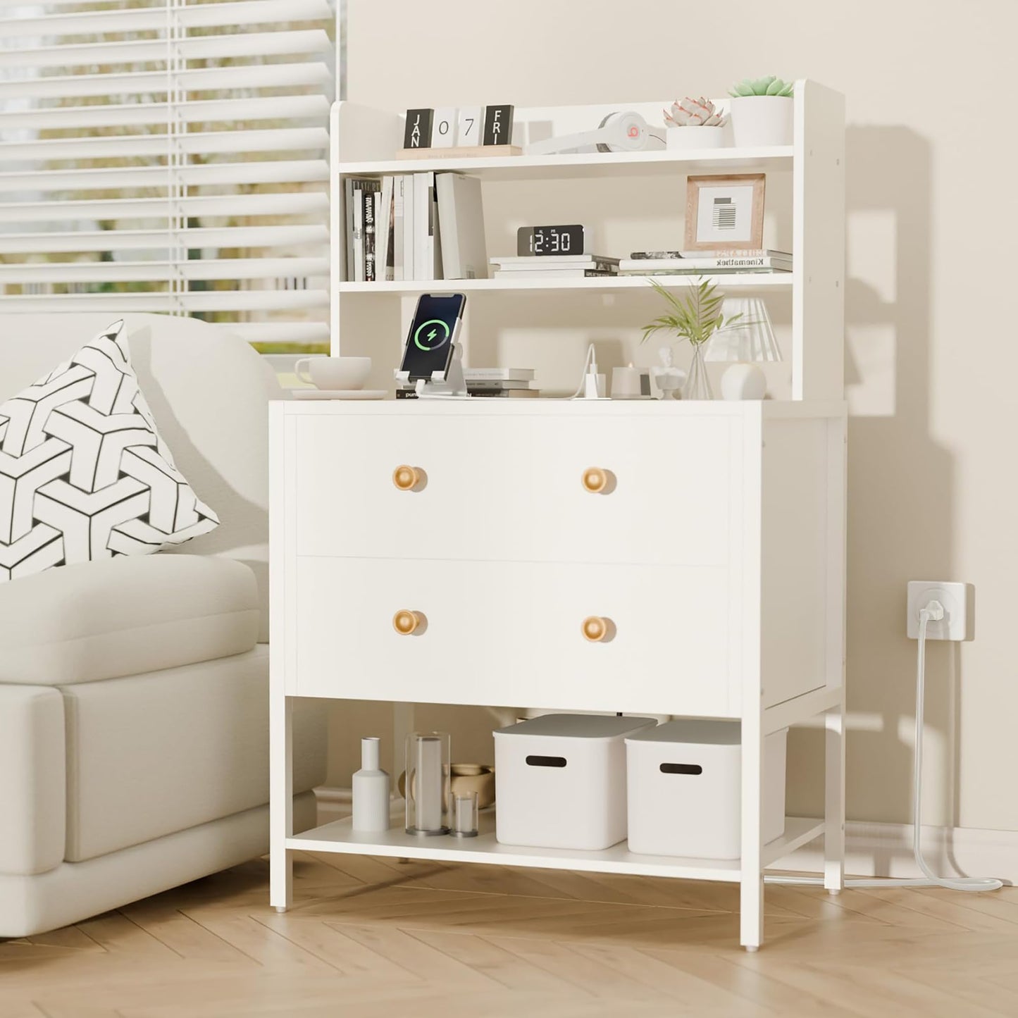PATAVOT 24 Inch Wide Night Stand, Large Wooden Night Stand with 2 Adjustable Drawes, Tall Nightstand with 4-Tier Shelves and Charging Station, Bedside Table for Living Room/Bedroom/Office, White.