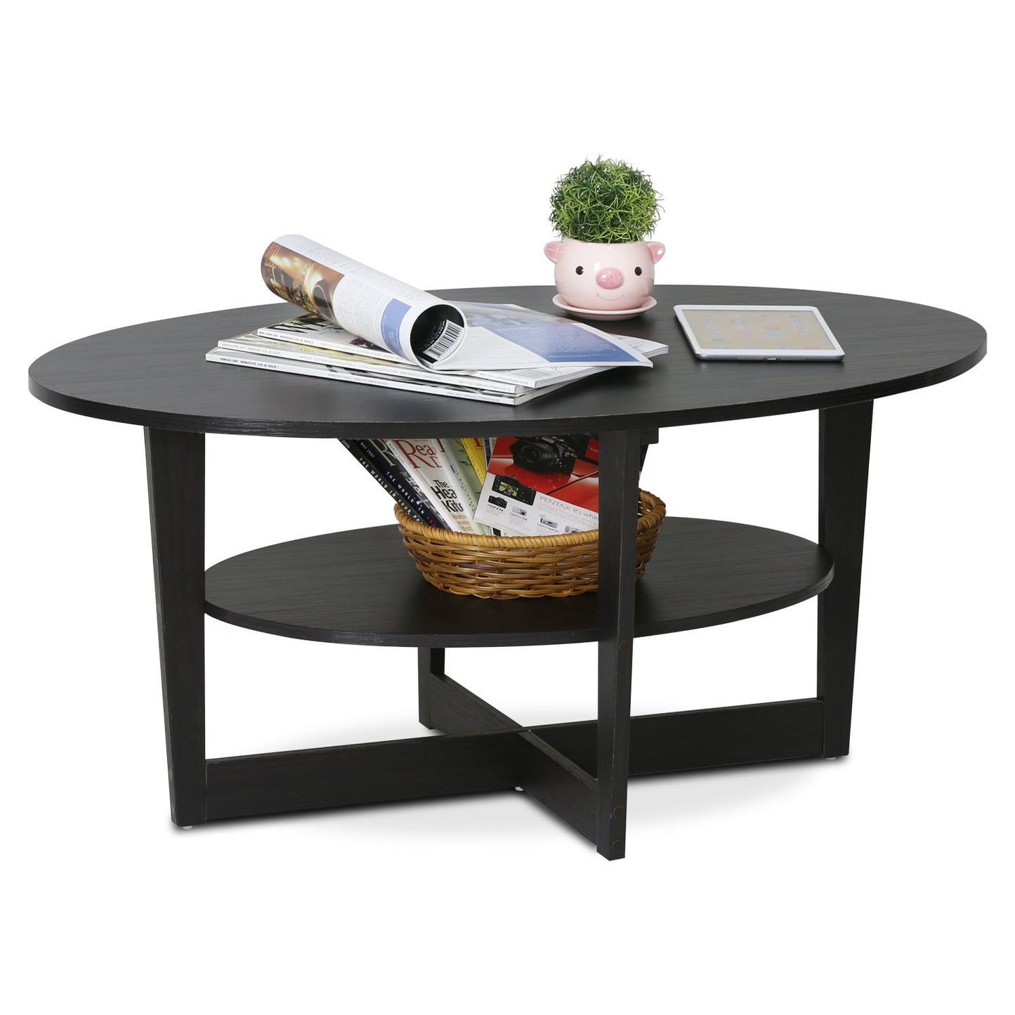 Furinno Jaya 2-Tier Round Coffee Table, Small Black Coffee Table with Storage Shelf, Oval Center Table for Living Room, Bedroom, Home Office, Black Walnut
