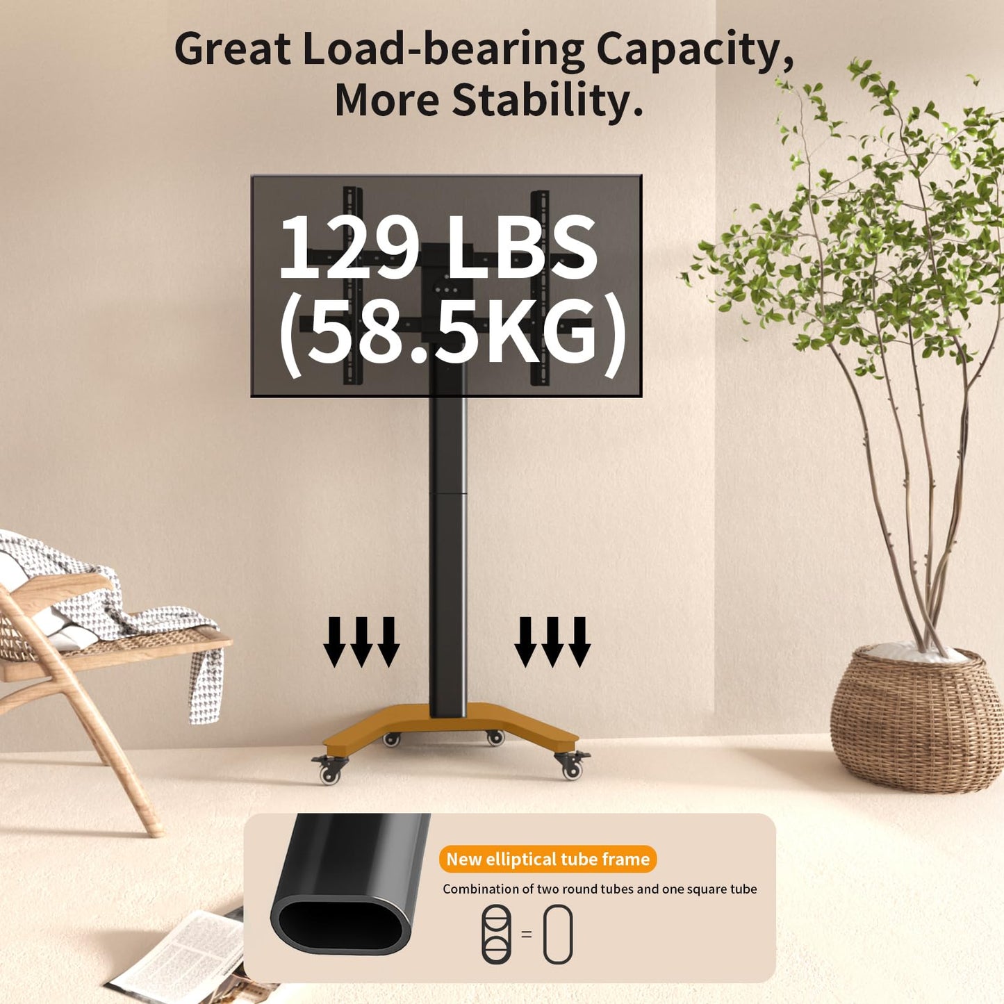 GUZHIKU Rolling TV Stand with Lockable Wheels for 37-80 inch TVs Hold 129 lbs, Mobile TV Stand Vertical and Horizontal Rotate ±90°, Height Adjustable TV Cart, Landscape to Portrait Max VESA 800x600
