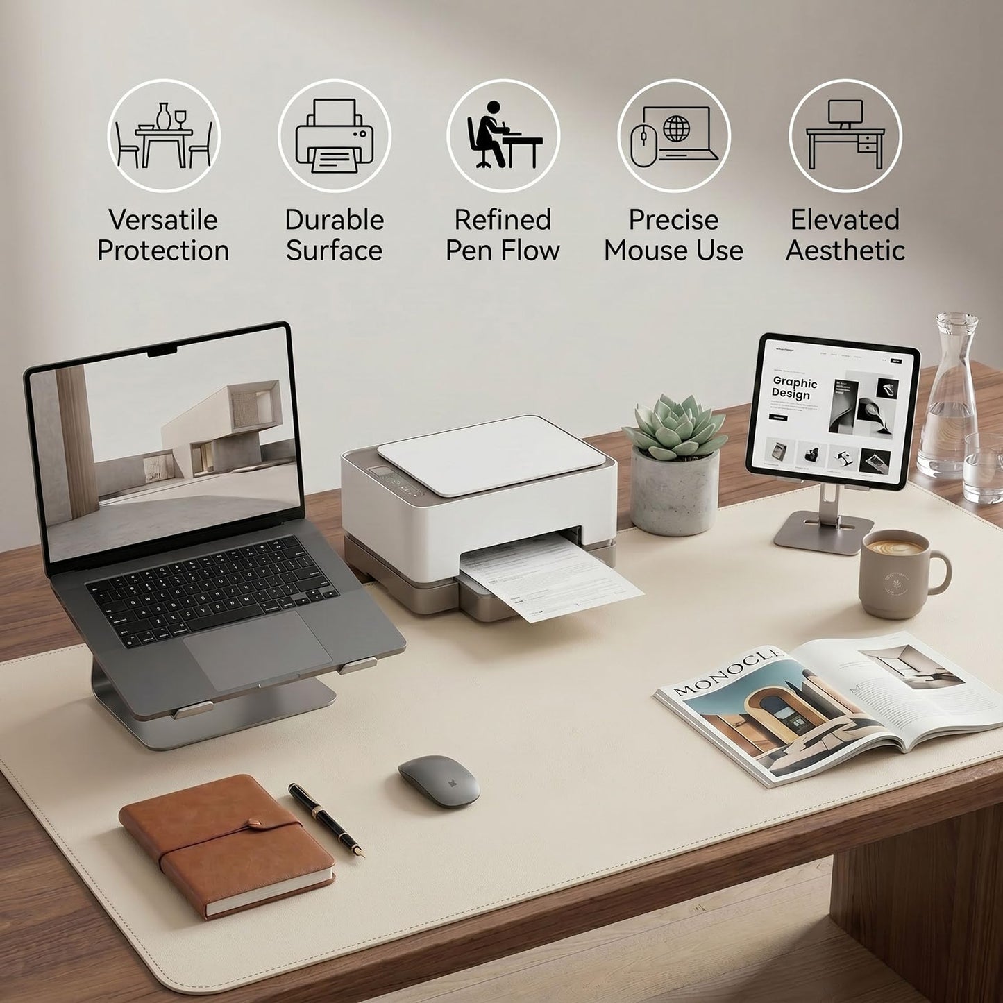 PROMATTOO Large Desk Pad Non-Slip Desk Mat Protector for Keyboard Mouse Waterproof Vegan Leather Surface Faux Leather Laptop Mat Smooth Mouse Pad Premium Gift Tube Creamy White 31.5" x 15.7"