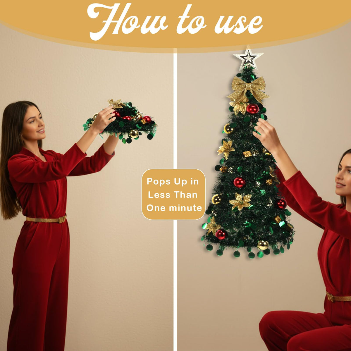 Suncalla Wall Christmas Tree with Lights 40inch, Artificial Wall Hanging Xmas Decoration with 50 LED String Lights, Saving-Space Door Hanging Xmas Tree Small Space Home School Office(Gold)