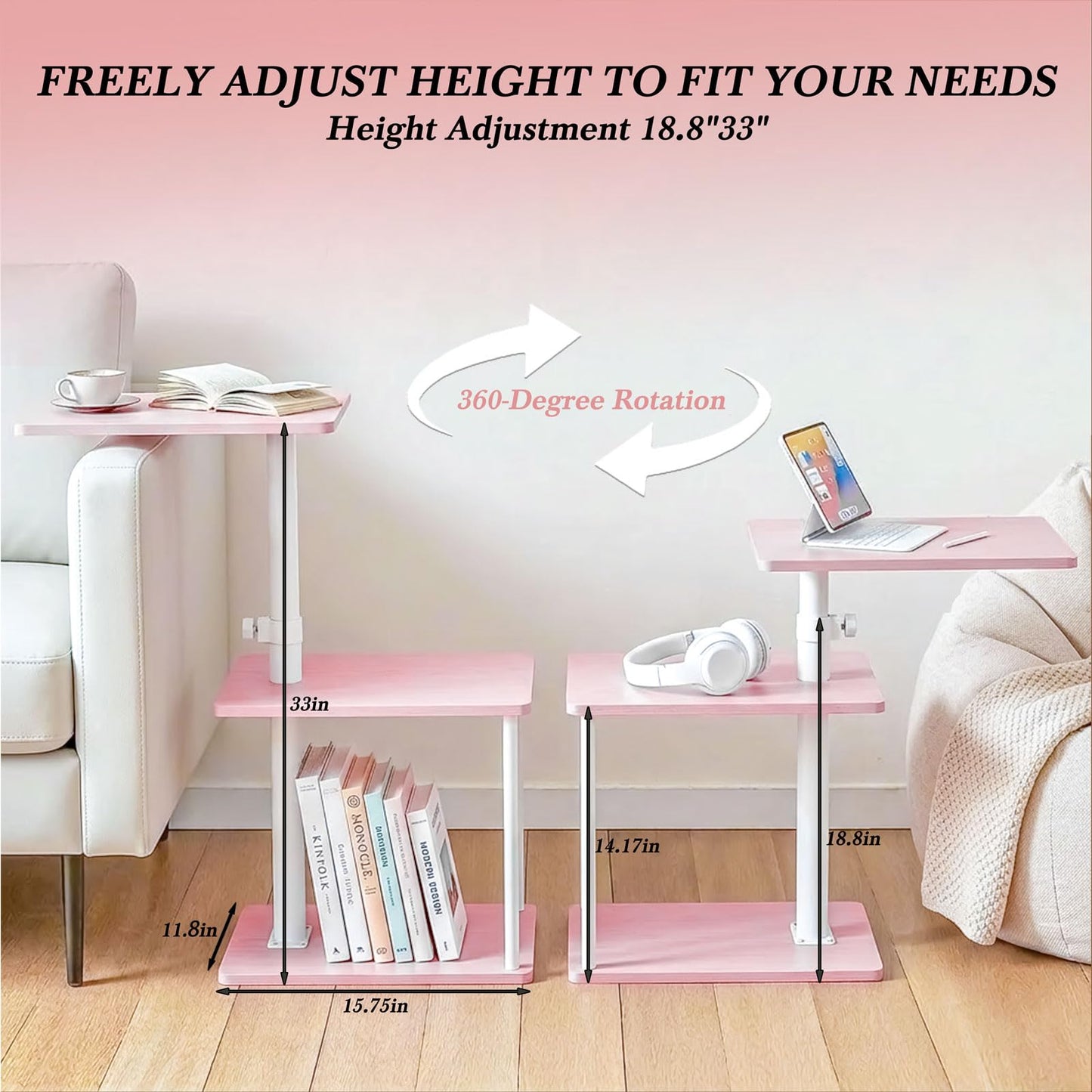 Faesun Swivel Side Table for Couch Arm, Adjustable C End Table for Recliner or Bed, Tv Trays with Storage Shelf for Small Spaces Small Nightstand Table for Living Room, Bedroom，Pink