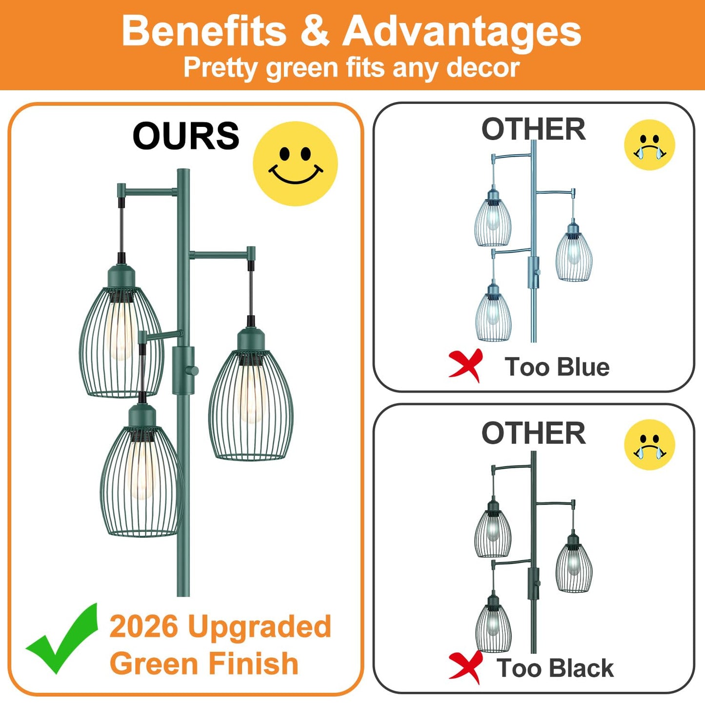 Dimmable Floor Lamp, Industrial Floor Lamps for Living Room, Green Tree Lamp Standing Lamp Tall Lamps with 3 Elegant Teardrop Cage Head & 800 Lumens LED Bulbs for Living room Bedroom Dining Room