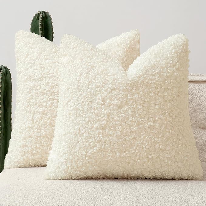 Faux Fur Throw Pillow Covers 20x20 Inch Set of 2 Boucle Neutral Decorative