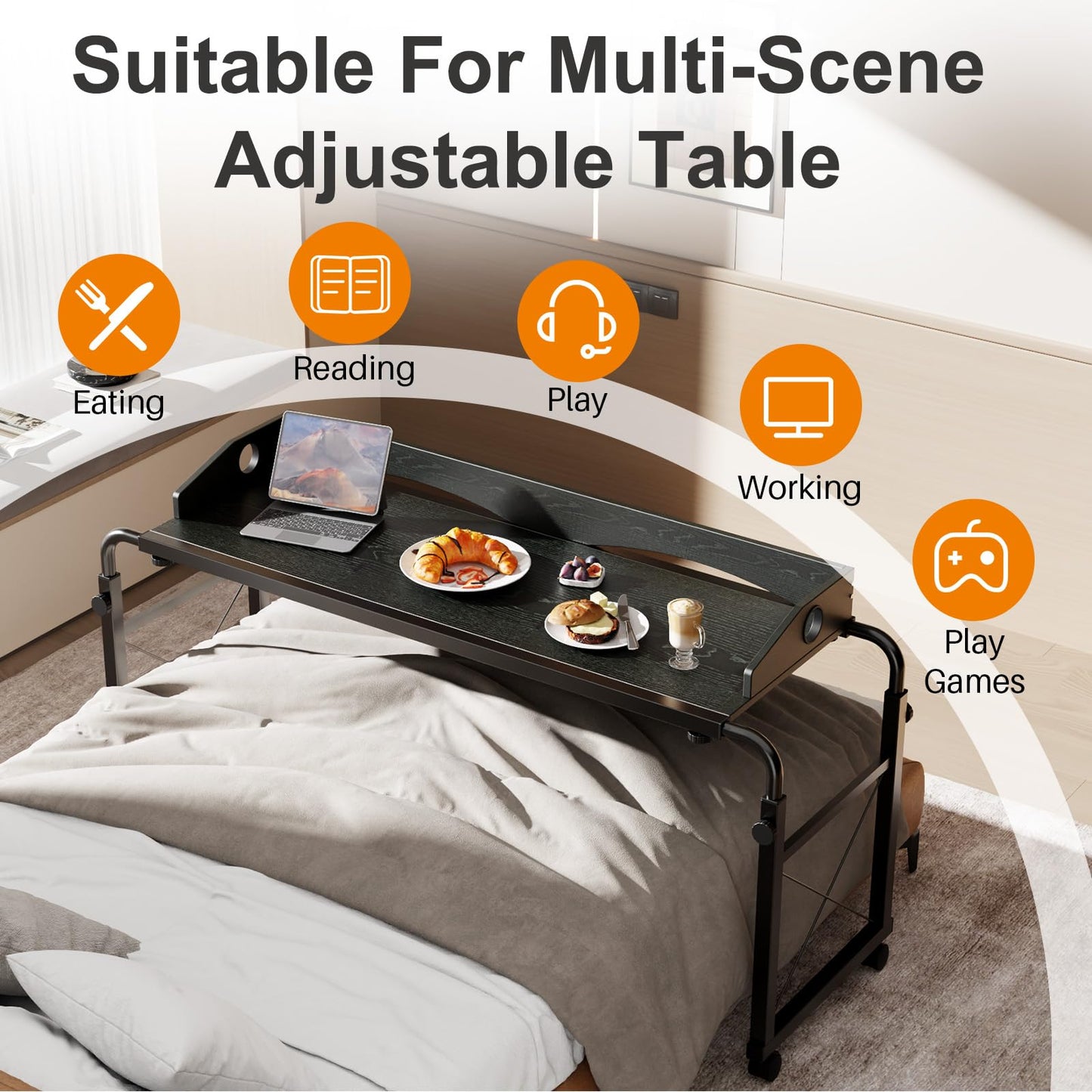 BYMECOST Laptop Desk for Bed, Adjustable Height & Length Laptop Bed Table,Overbed Table with Wheels for Queen Size Beds,Rolling Standing Desk,Over Bed Desk for Working Reading Eating