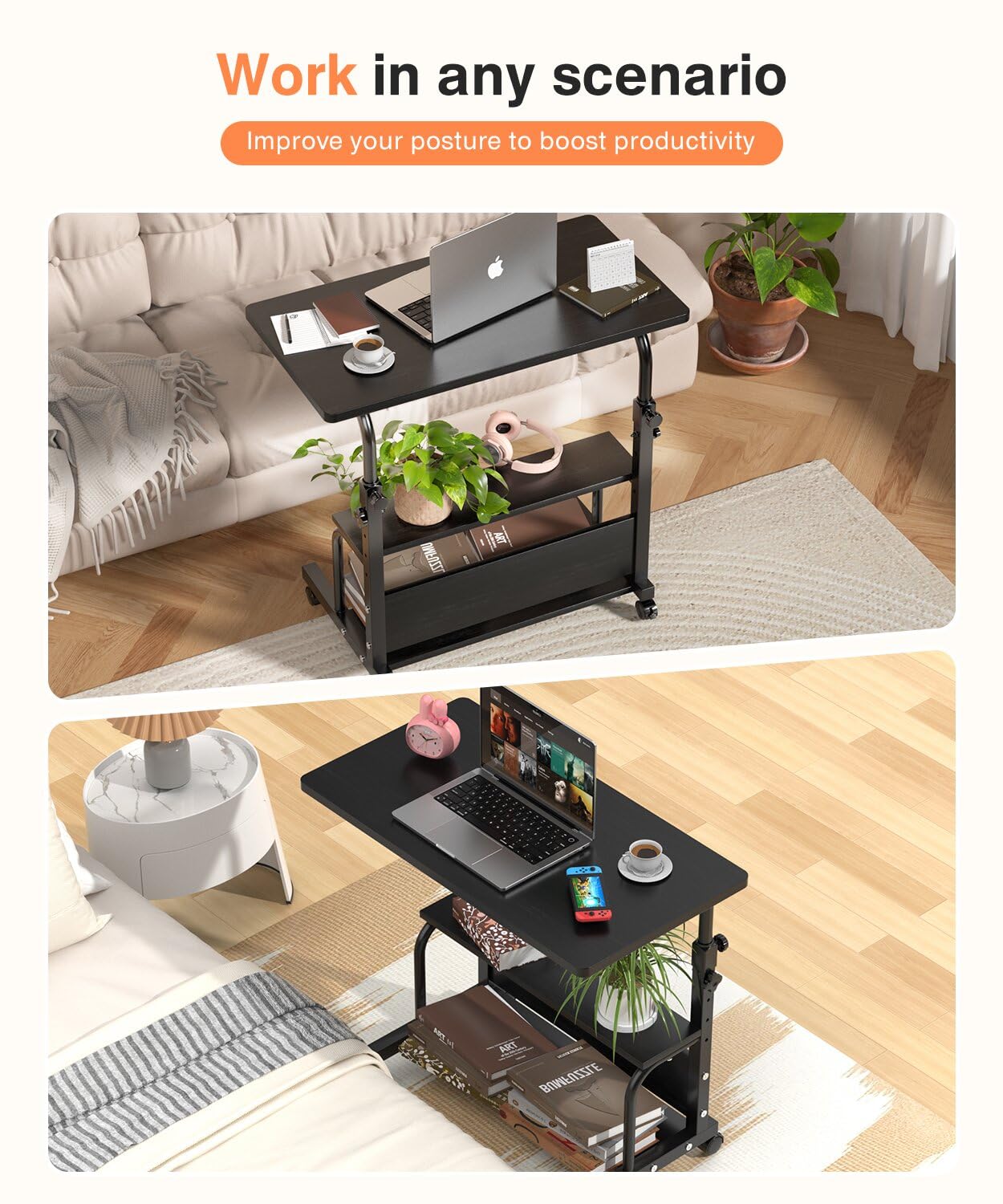 QZMDSM Portable Rolling Desk on Wheels Adjustable Height Desks for Small Spaces, 32" Computer Desk Drafting Tables with Storage Shelves for Home Office Black