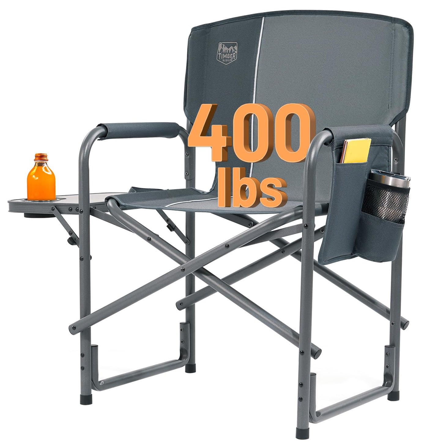 Timber Ridge Aluminum Oversized Camping Chair, Lightweight Portable Directors Chair with Side Table Detachable Side Pocket for Outdoor Camping, Lawn, Picnic, Support 400lbs Gray