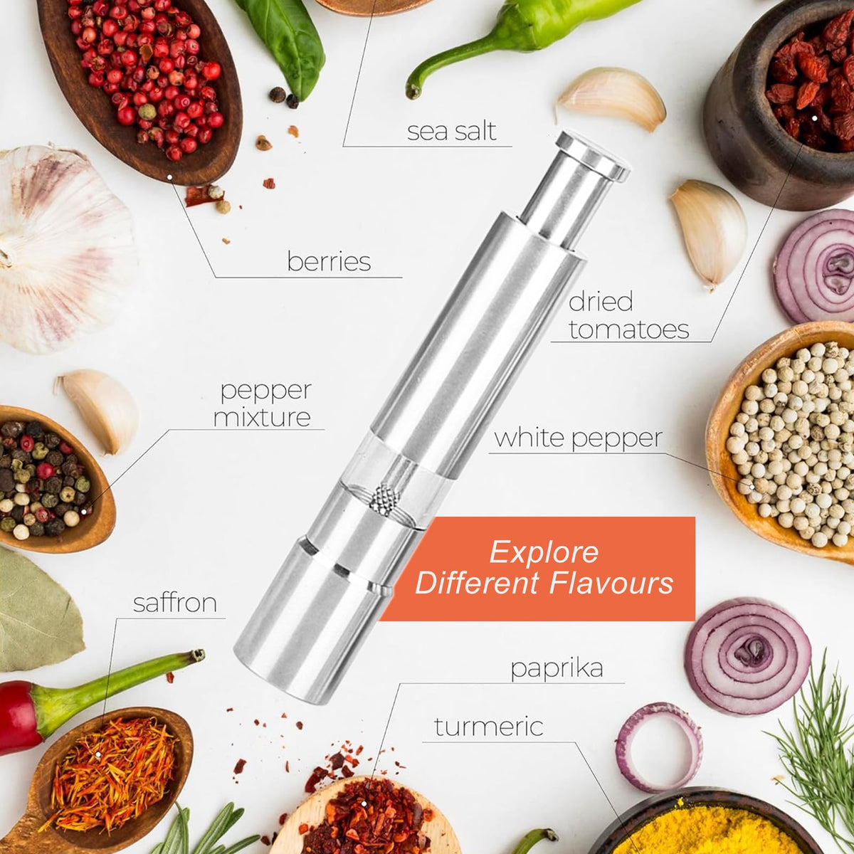 Stainless Steel Salt and Pepper Grinder Set, Manual Refillable Peppercorn Mills with Push Button, Thumb Grinder, Sliver White
