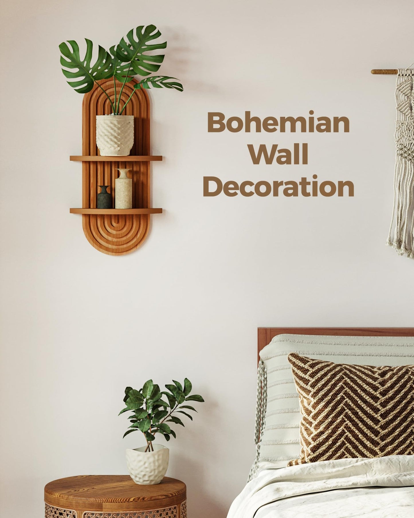 Bamworld Boho Wall Decor Brown Plant Wall Shelf, Mid Century Modern Decor Hanging Plant Shelf, 2-Tier Wooden Floating Shelves for Home, Bathroom Bedroom Living Room, Office Holding Planter Decoration