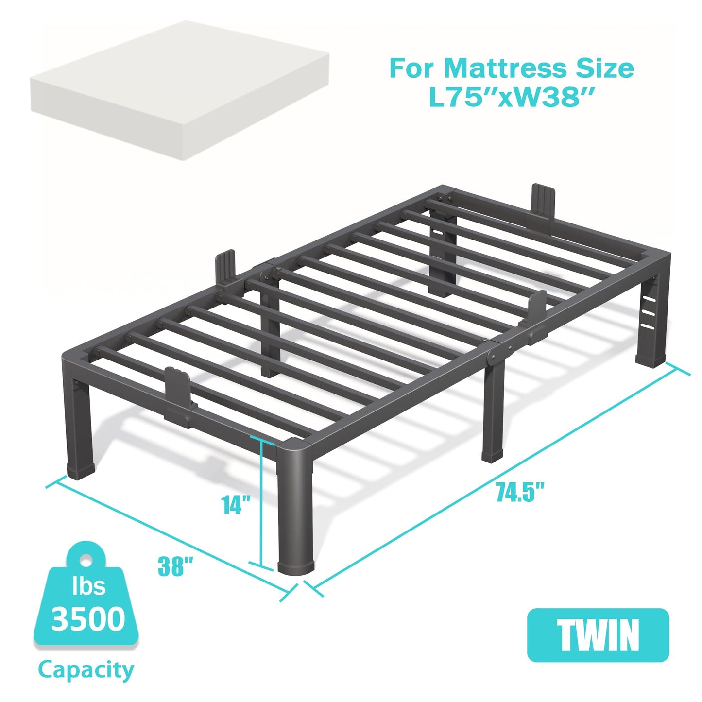 Bilily 14 Inch Twin Size Bed Frame, Sturdiness Metal Twin Platform Bed Frame with Storage, No Box Spring Needed, Noiseless, Ease of Assembly