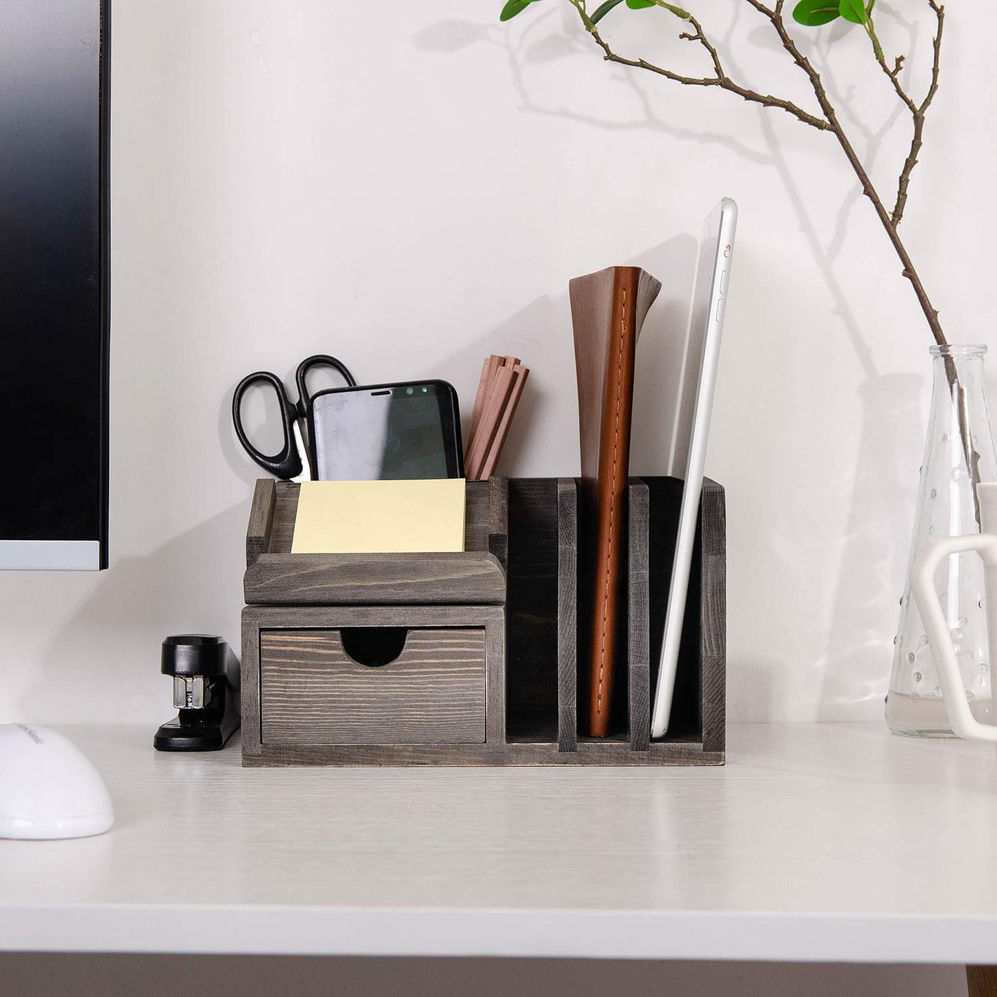 Liry Products Gray Rustic Wood Desk Organizer Storage Cabinet Mail File Paper Sticky Note Memo Pad Folder Office Supplies Caddy Tabletop Holder Accessory Sorter Multiple Compartments with Drawer Home