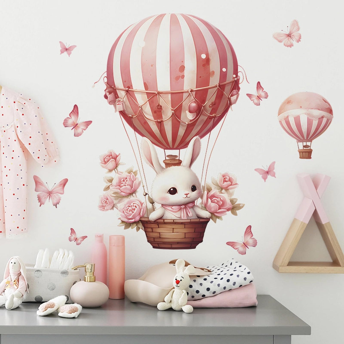 Pink Bunny Butterfly Rose Hot Air Balloon Wall Stickers, sacinora Cute Rabbit Wall Decals Removable Vinyl Peel and Stick for Kids Baby Girls Nursery Living Room Bedroom Preschool Art Decorations