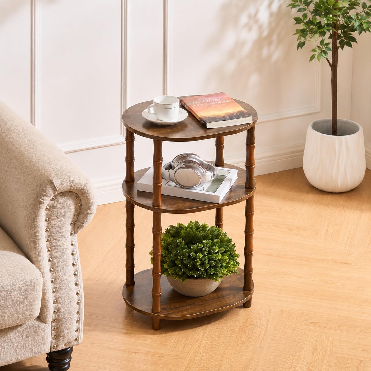 Orvado Side Table, 3-Tier Oval Accent Small End Table, Modern Oval Nightstand Accent Table for Small Space, Bedrooms, Living Room, Easy to Assemble, Rustic Brown
