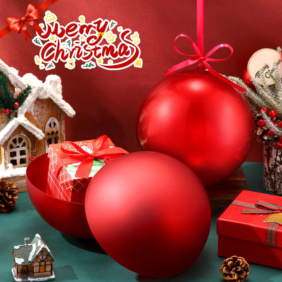 Zubebe 2 Pcs 8" Giant Fillable Christmas Ornaments with Ribbons Oversized Plastic Xmas Balls for Outdoor Lawn Yard Decor, Tree Hanging, Holiday Gifts(Matte Red, Shiny Red)