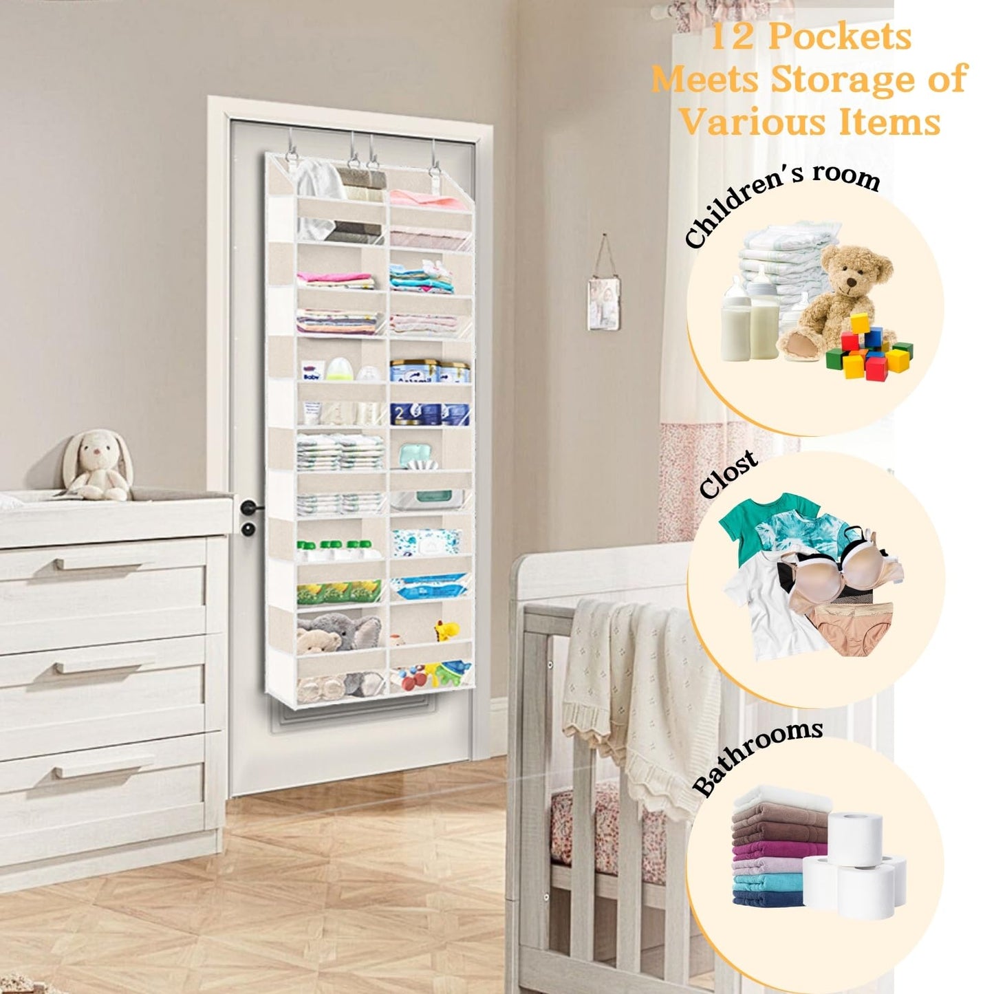 Ofiray-home Over the Door Organizer 6 Tiers, Extra Large Behind Door Storage of 12 Compartments,80 lbs Weight Capacity Hanging Storage Organizer with Clear Window Kids Toys, Shoes, Diapers,Beige