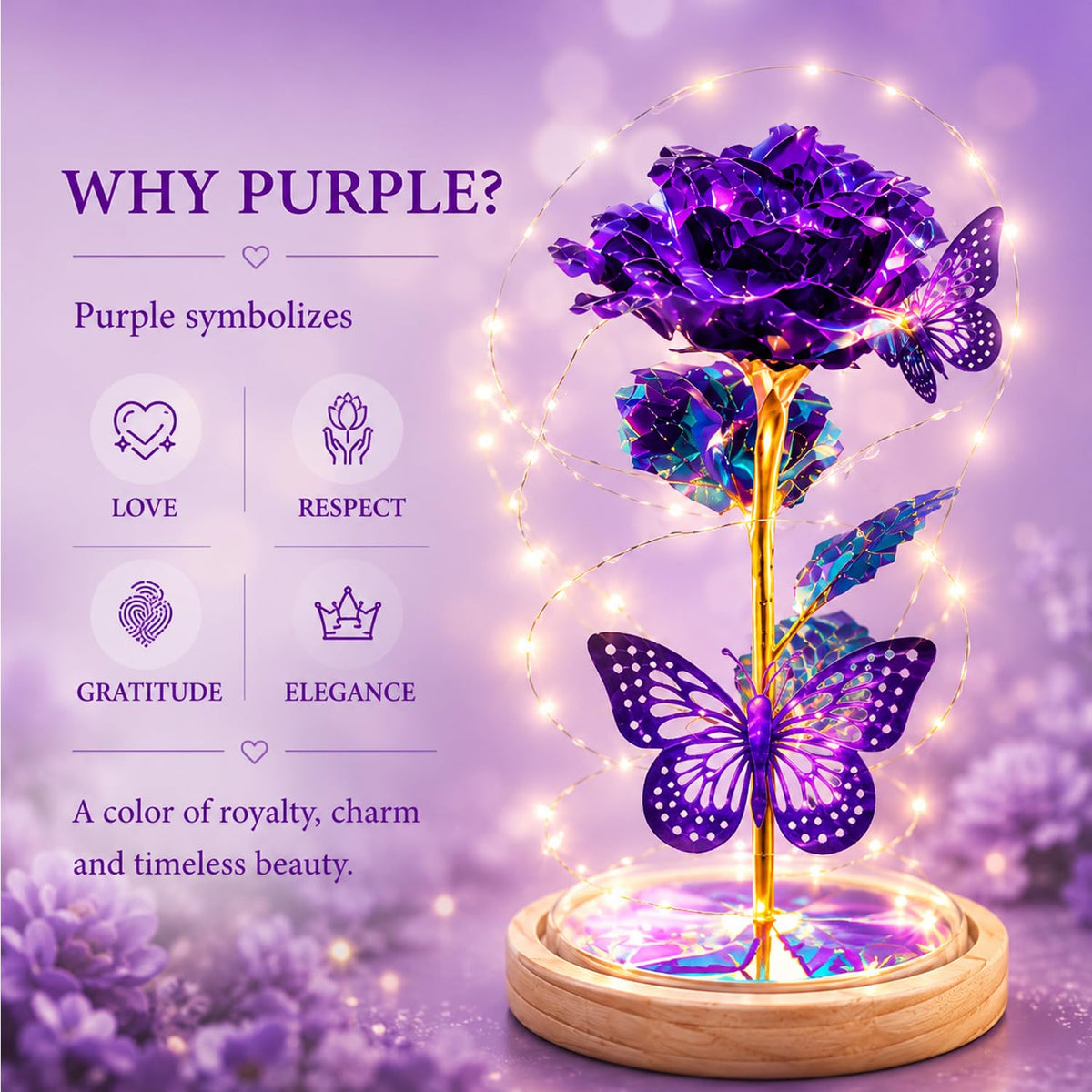 QUNPON Mothers Day Rose Gifts for Mom Flowers Rose Gifts for Women,Birthday Gifts for Women,Purple Butterfly Flowers for Mother Day Flower Gifts from Daughter Son,Gift for Mom,Sister,Her,Grandma,Wife