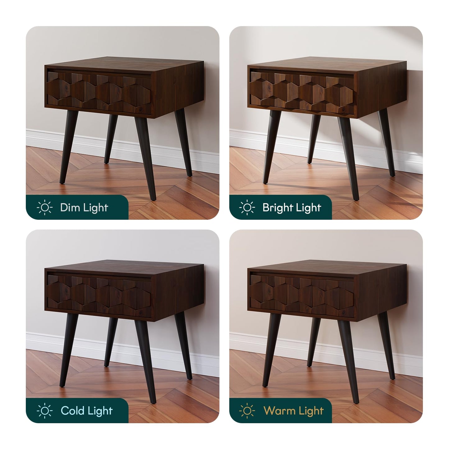 Bme Georgina Solid Wood Mid-Century Modern Side Table with Drawer – Fully Assembled Bedside Table with Rustic Geometric Pattern for Living Room or Bedroom