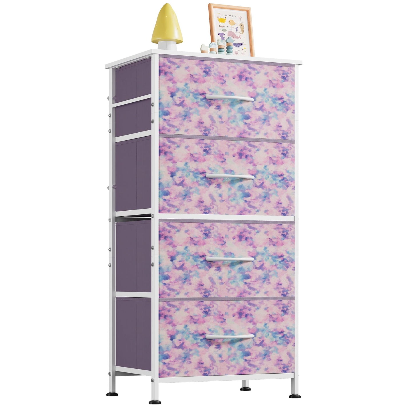 WLIVE Dresser with 4 Drawers, Storage Tower, Organizer Unit, Fabric Dresser for Bedroom, Hallway, Entryway, Closets, Sturdy Steel Frame, Wood Top, Easy Pull Handle, Tie-dye Print (Pink, Purple, Blue)