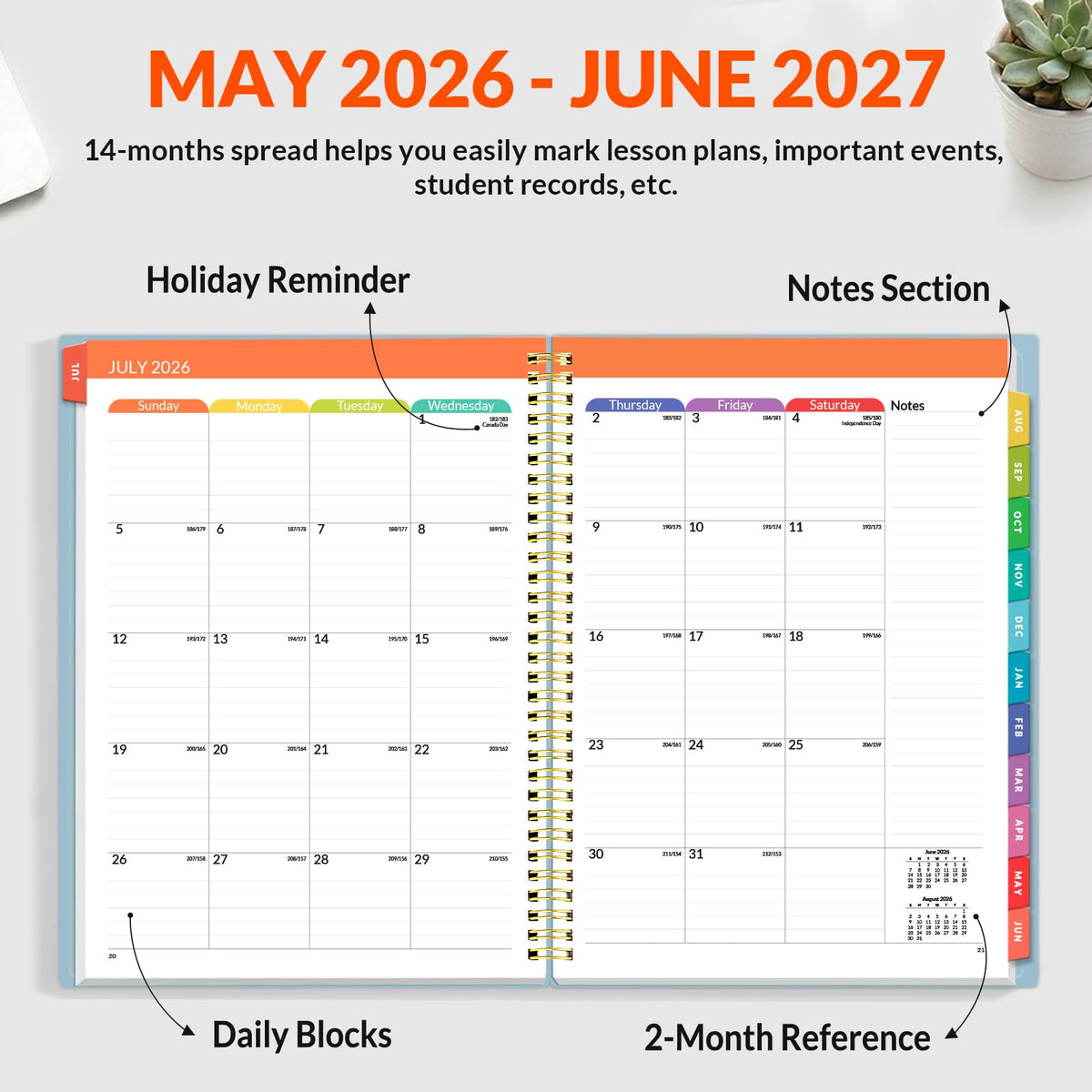 SUNEE Teacher Planner 2026-2027 Academic Year, Lite Lesson Planner Book with 7 Periods Jul 2026 - Jun 2027, 8.5"x11" Daily Weekly and Monthly Organizers, Plan Book with Pocket Folder, Color Tabs,Blue