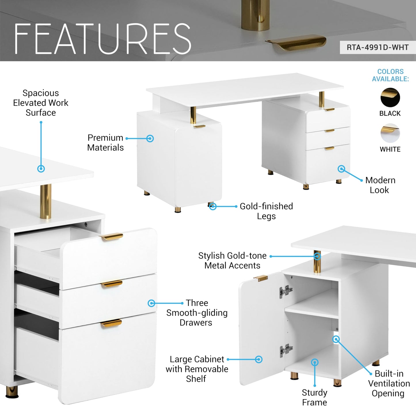 Elegant 57" W Executive Desk with 3 Drawers and Storage Cabinet, Modern Office Desk with Gold Accents, Floating Work Surface, Closed Storage with Ventilation & Adjustable Shelf (White,Gold)