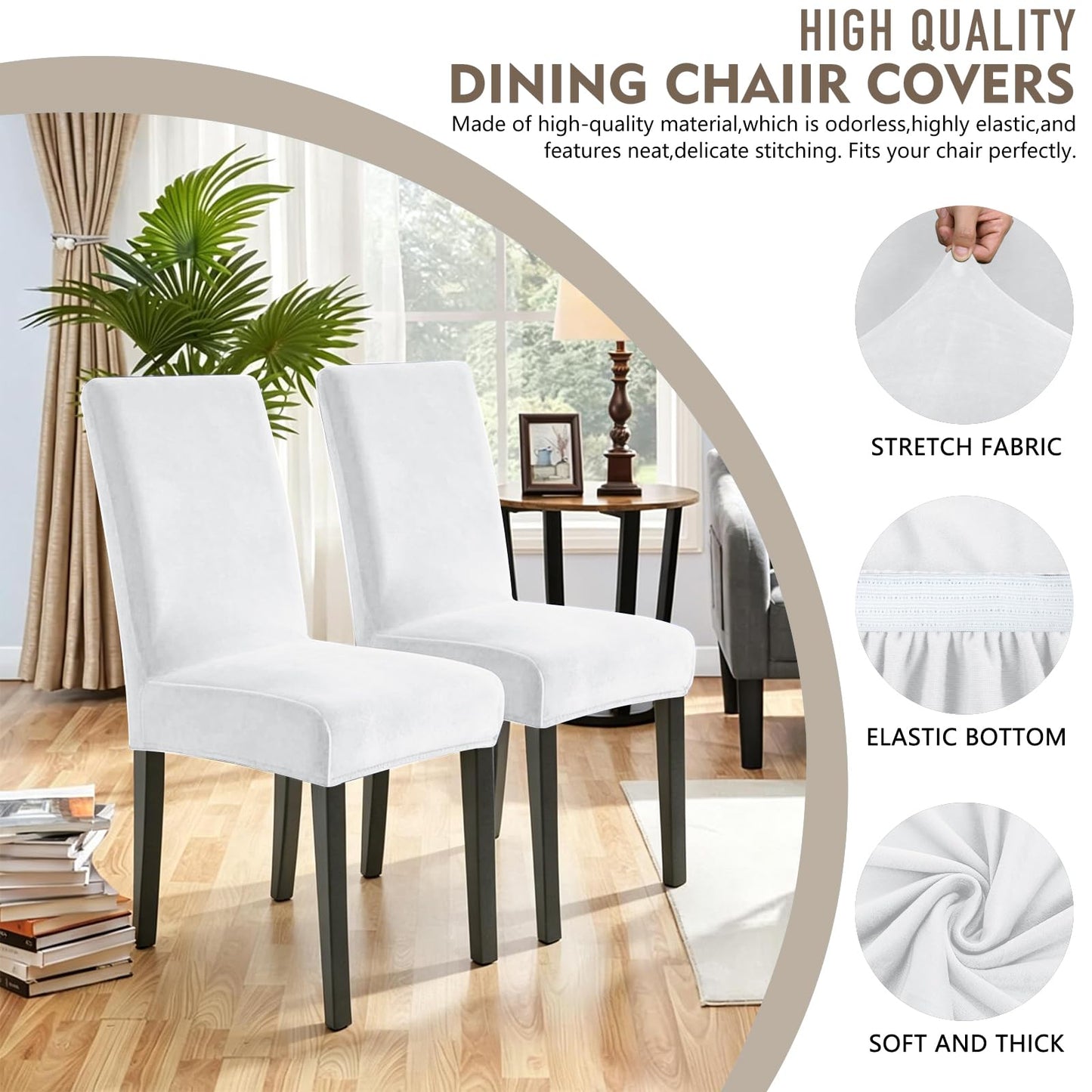 YEMYHOM Real Velvet Dining Chair Covers Set of 6, Stretch Parsons Chair Slipcovers, Super Soft Removable Washable Kitchen Chair Protector Cover for Dining Room, Restaurant, Banquet (White)