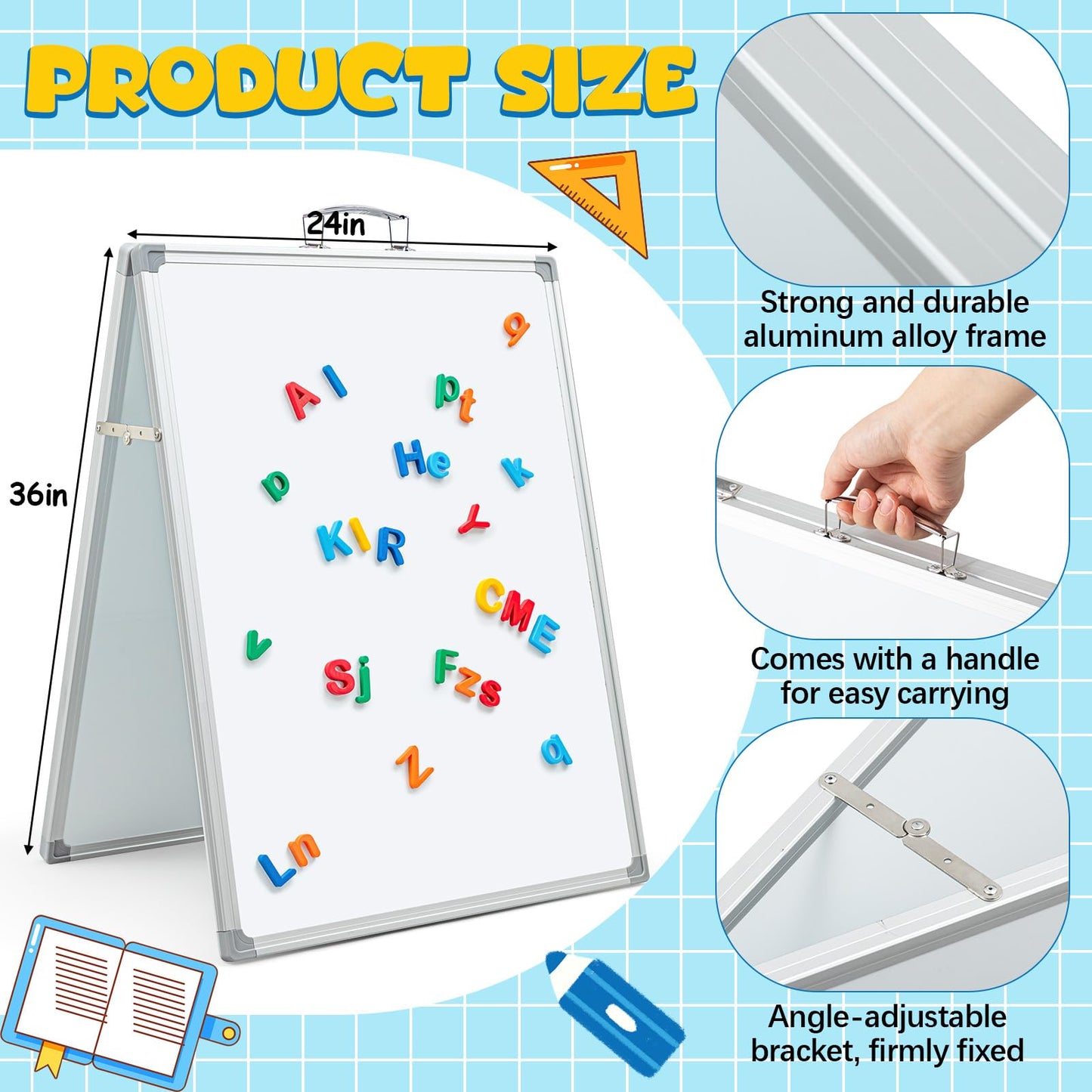 Lincia 36 x 24 Inch Portable Dry Erase Board with Stand, Foldable White Board Double Sided Whiteboard Easel, Silver Aluminum Frame with Metal Handle for Office Home School Teaching Demonstration