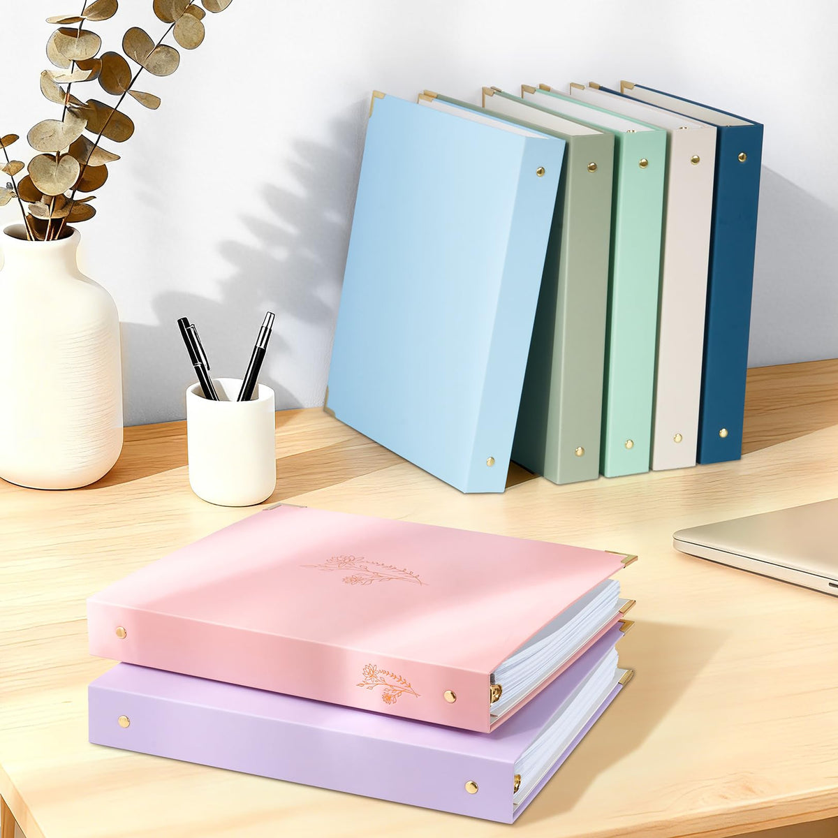 Sooez 2 Pack 3 Ring Binder with Metal Corners, Cute 1 Inch Binders Fits 175 Sheets of Paperwork, Three Ring Recipe Binder with Pocket for Women School Office Supplies, 8.5" x 11", Pink & Purple