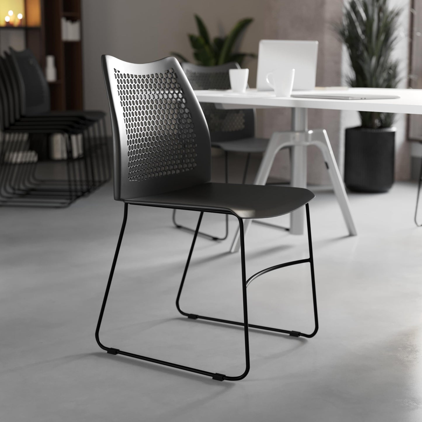 Flash Furniture Hercules Series Contoured Lobby Chairs with Air-Vent Honeycomb Backs, Ergonomic Stacking Chairs for Offices, Set of 5, Black