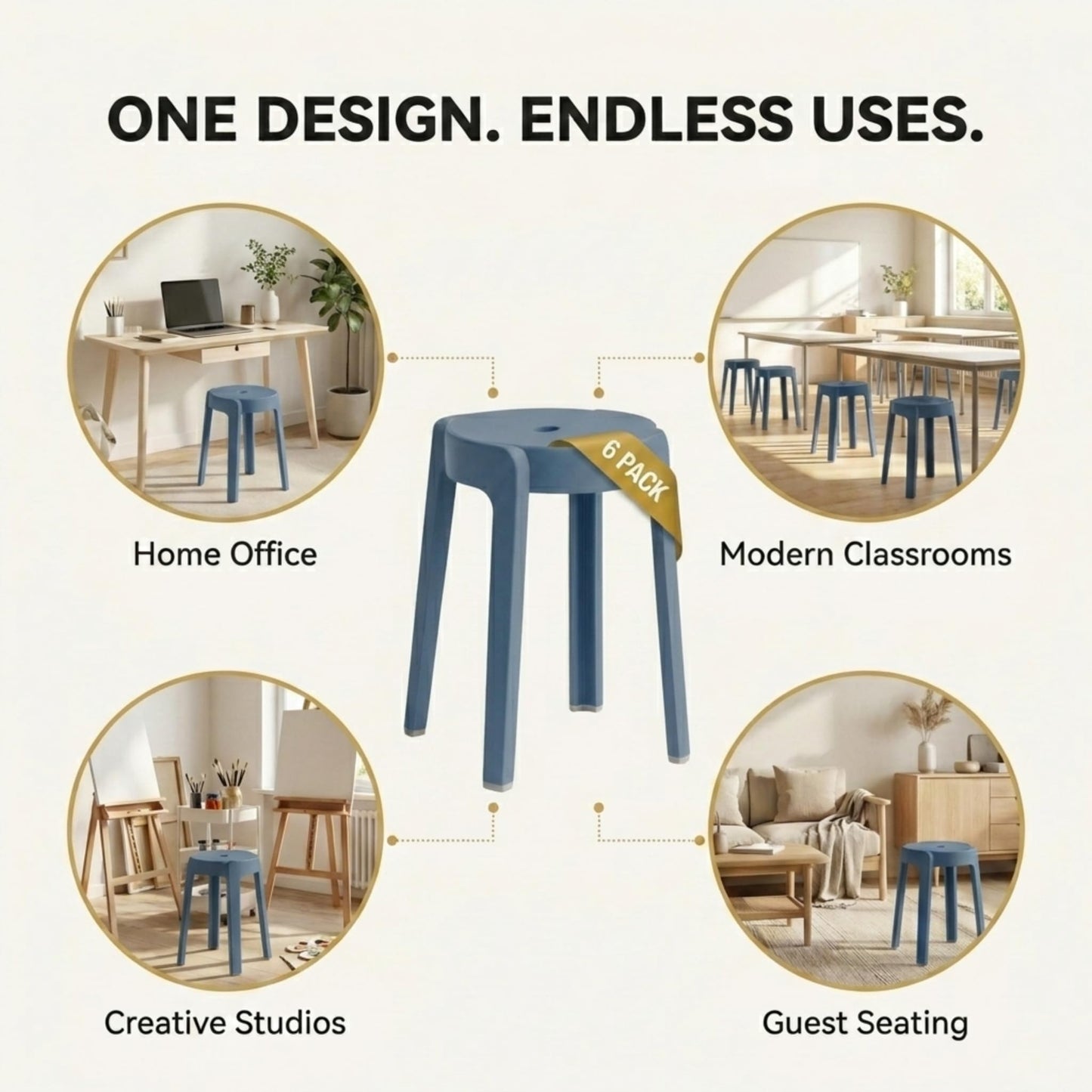 Stackable Plastic Stools Set of 6-18 Inch Heavy Duty 500 lbs Capacity, Flexible Seating Classroom Stools for School, Outdoor Patio & BBQ Chairs, Space Saving Plastic Chairs for Dorm, Home Office