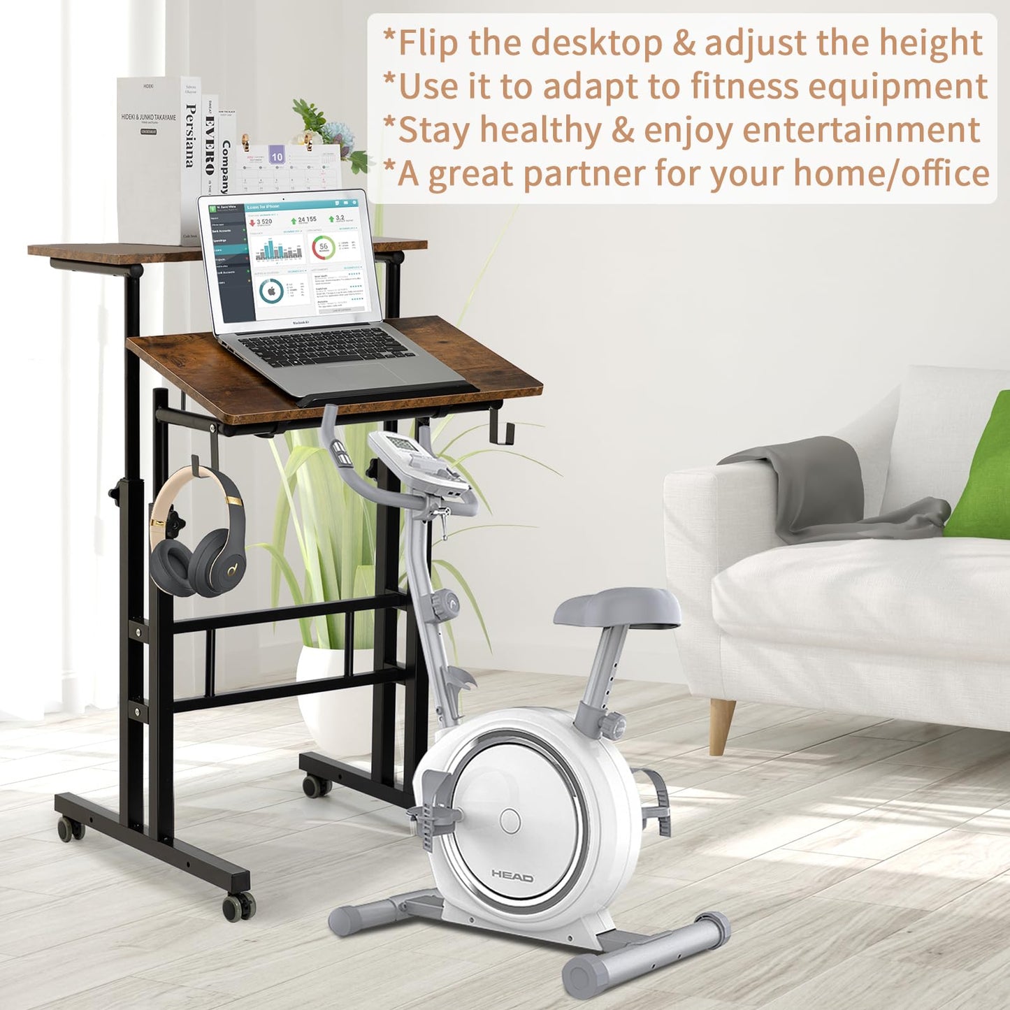 SIDUCAL Mobile Standing Desk, Portable Stand Up Desk, Small Adjustable Converter with Wheels Home Office Workstation, Rolling Laptop Cart for Sitting, Rustic Brown