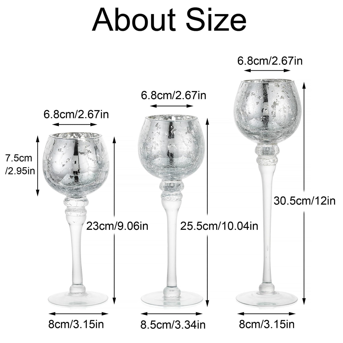 Inweder Glass Tealight Candle Holder: Silver Mercury Votive Holders 9/10/12 Inch Tall Long Setm Floating Candle Holders for Christmas Dining Table Centerpiece Wedding Party Set of 3