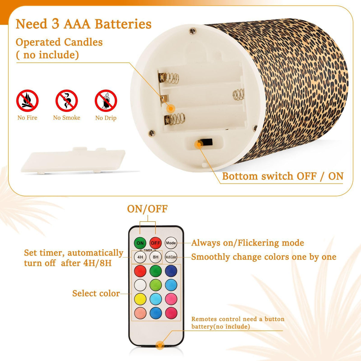 panksolu Flickering Flameless Candles, Brown Leopard Print LED Candles with Remote Timer, Battery Operated Candle for Wedding Halloween Christmas Decor - Set of 2