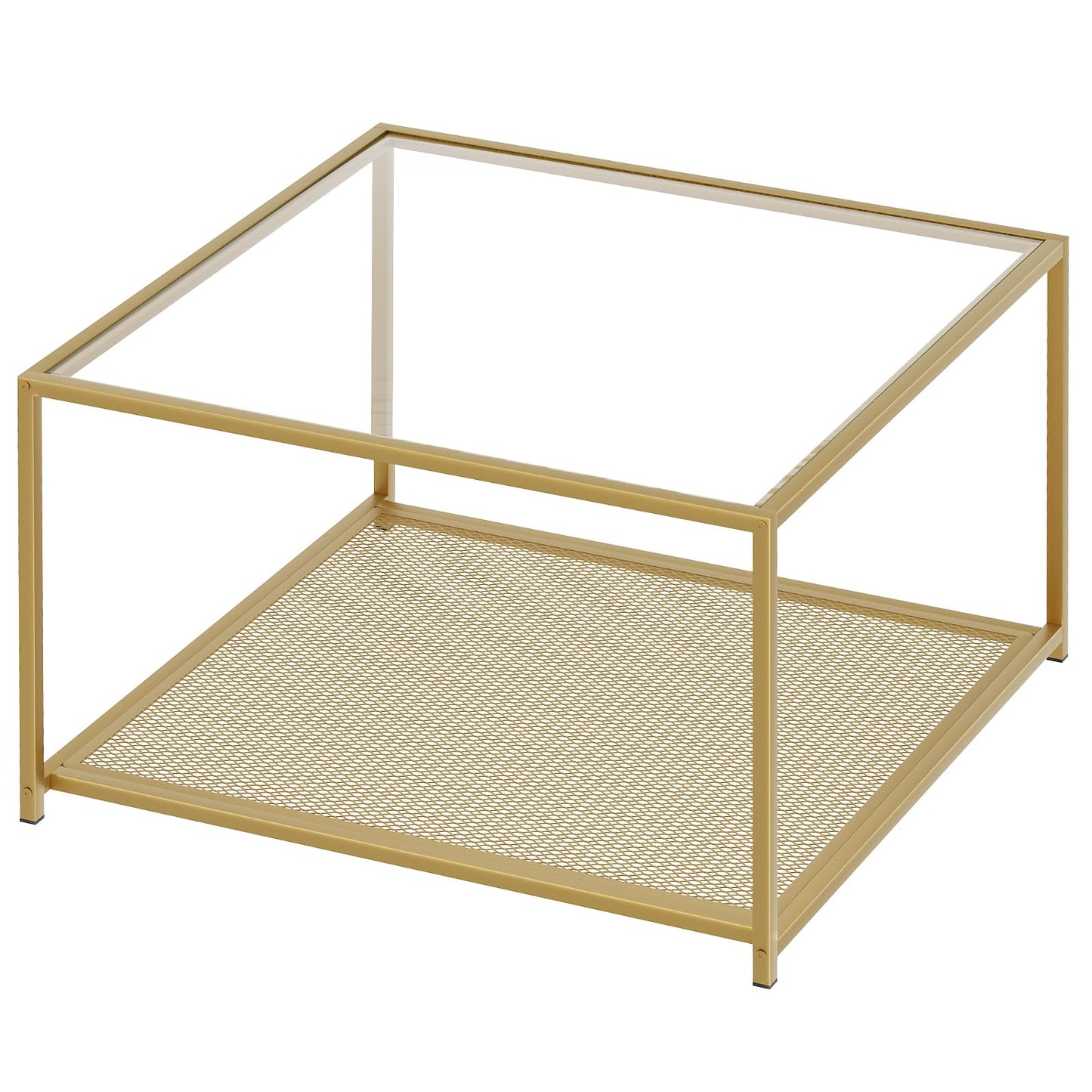 Gold Glass Coffee Table, Square Coffee Tables with Storage Shelf, Simple Tea Cocktail Modern Center Tables for Small Space, Living Room, Easy Assembly, 26 * 26in（Gold）