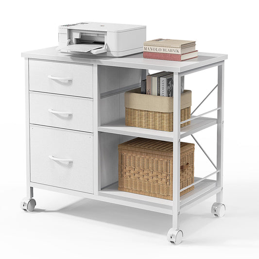 DUMOS 3 Drawer Mobile File Cabinet, Freestanding Fabric Lateral Filing Cabinet Fits A4/Letter Size, Space Saving Rolling Printer Stand with X-Frame and Open Storage Shelf for Home Office, White
