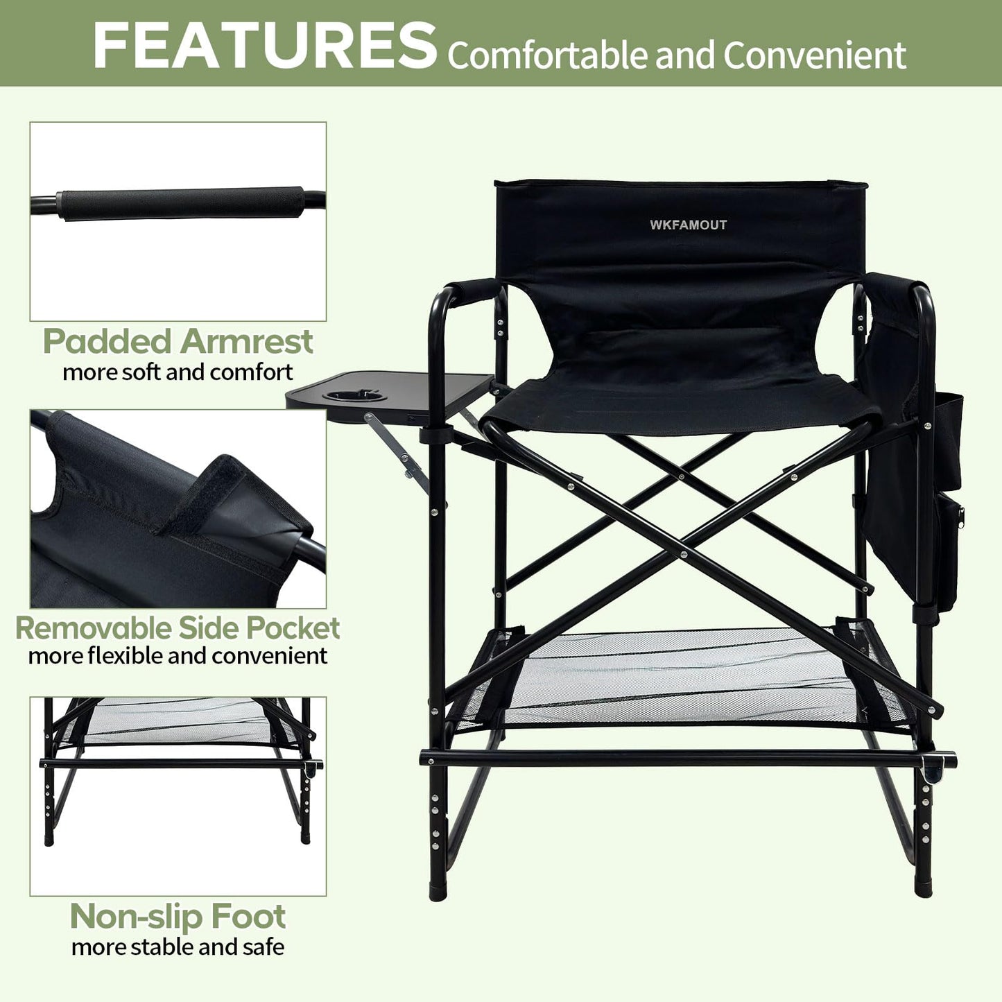 WKFAMOUT 27" Tall Camping Director Chair Oversized with Side Table, Heavy Duty Folding Lawn Chair Outdoor for Makeup Artist, Sports Event, Supports 330LBS