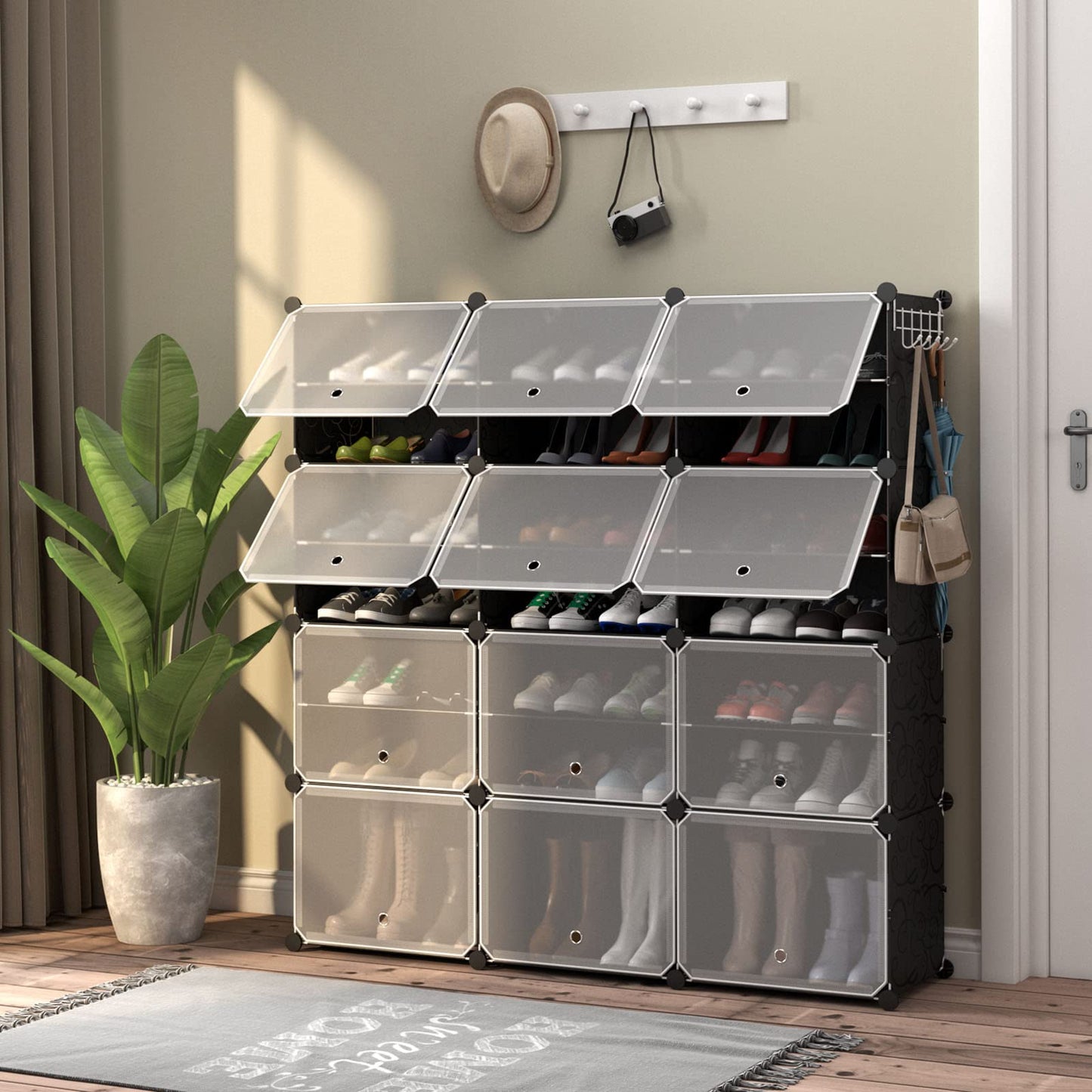 Freestanding Multi-Layer Space Saving Storage Large-Capacity Dustproof Shoe Storage Cabinet，Modular Shoe Cabinet with 12 Cubes Portable Shoe for 48 Pairs with Door DIY Space Saving Wardrobe