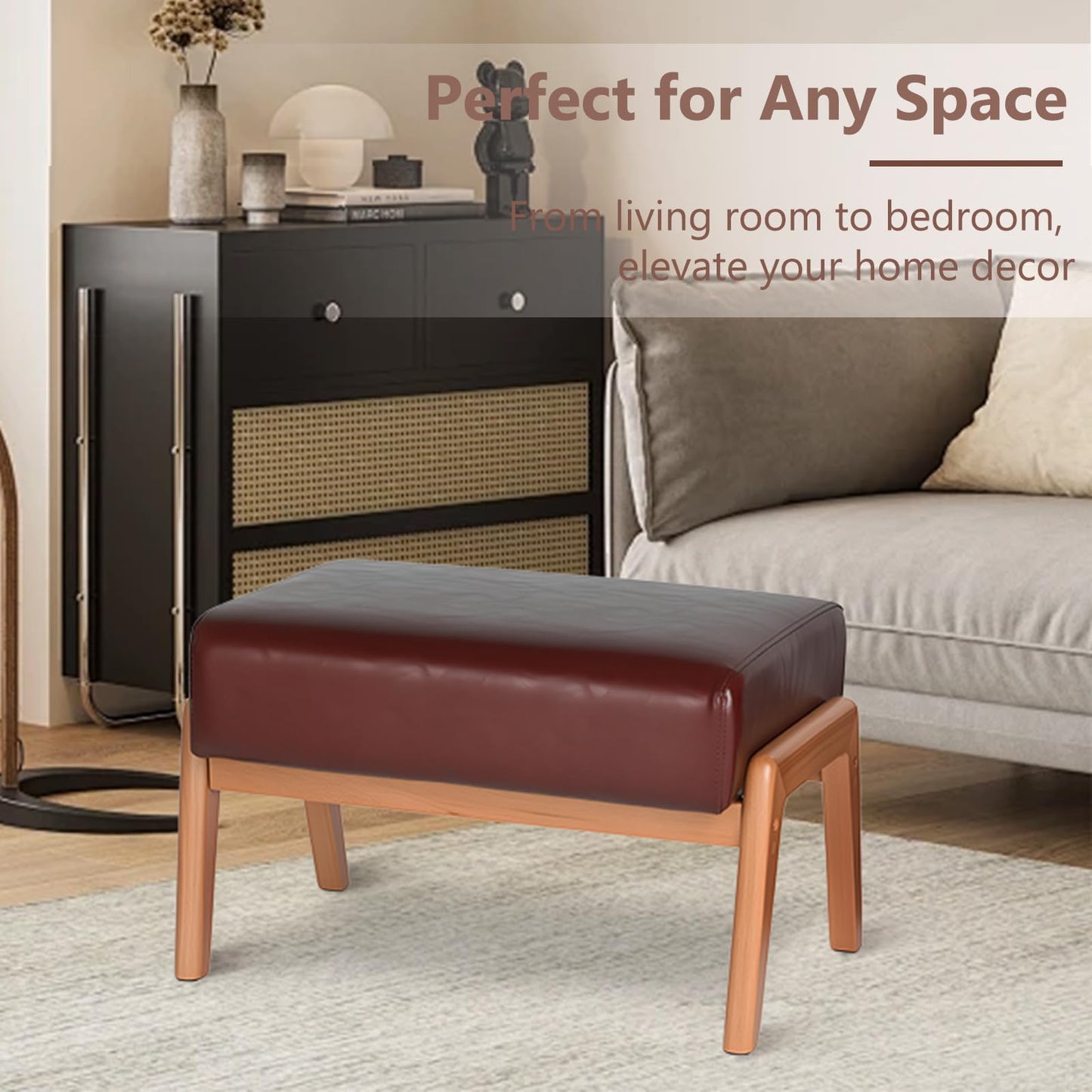 ACONUP Foot Stool, Leatherette Wooden Step Stool, Modern Rectangle Ottoman Wide Vanity Stool with Cushion for Couch Living Room Bedroom Entryway, Brown