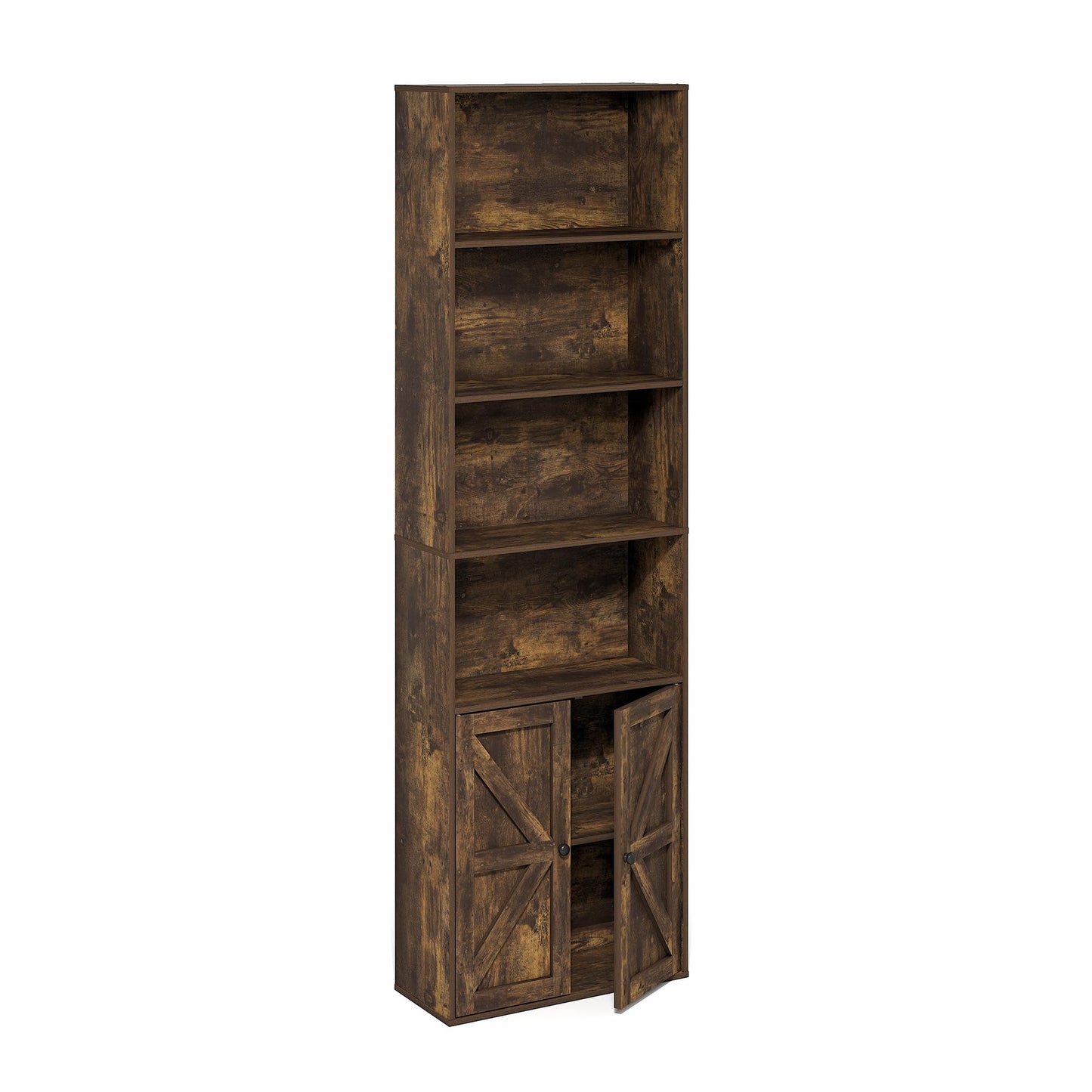 Furinno Jensen Book Shelf, 6-Tier Farmhouse Bookshelf, Display Bookcase with Doors, 9.2" x 21.6" x 71.2", for Organization and Storage, for Living Room, Bedroom, Home Office, Amber Pine