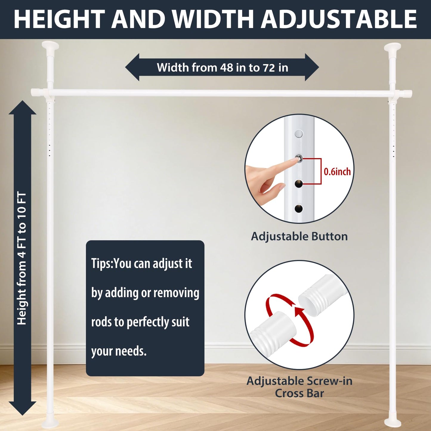 Room Divider Curtain Rod, Heavy Duty Floor to Ceiling Tension Rod – No Drill Partition Room Dividers, 4-10 ft Height & 48-72 in Width, Metal Rod for Room Separation in Apartment, Dorm, Studio, White