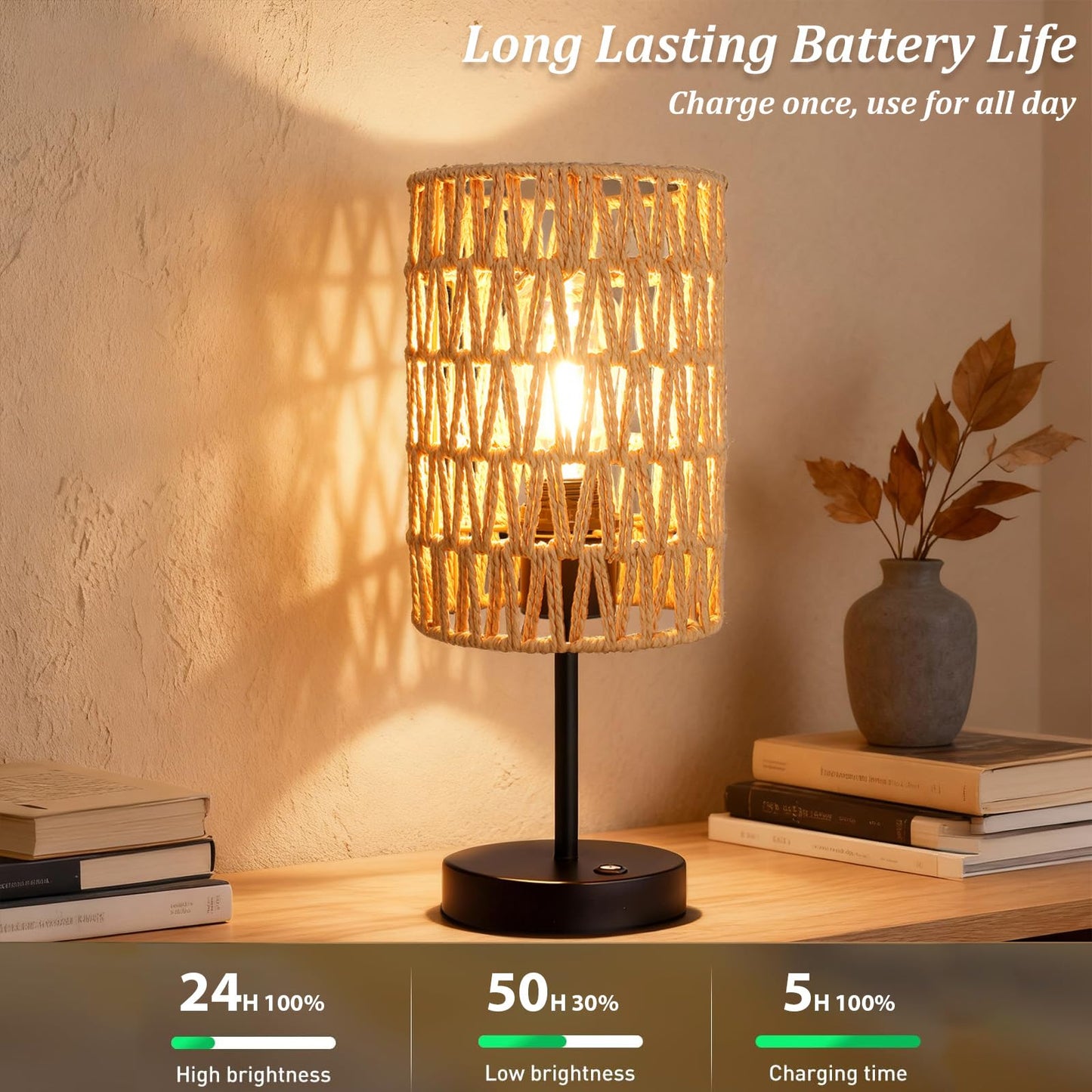 ALL FORTUNE Rechargeable Outdoor Table Lamps, Rattan Boho Cordless Battery Operated Table Lamps, Patio Lamp for Living Room, Balcony, Bedside Decor- Set of 2 (Beige)