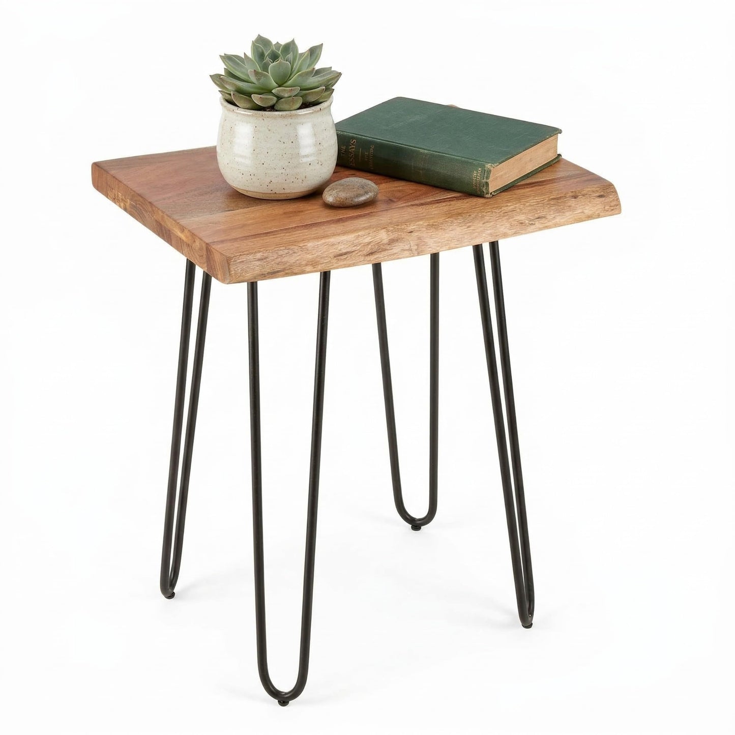Alaterre Furniture Live Edge Wood End Table with Hairpin Metal Legs – Mid Century Modern Living Room Table with Acacia Wood Top (20 Inch)