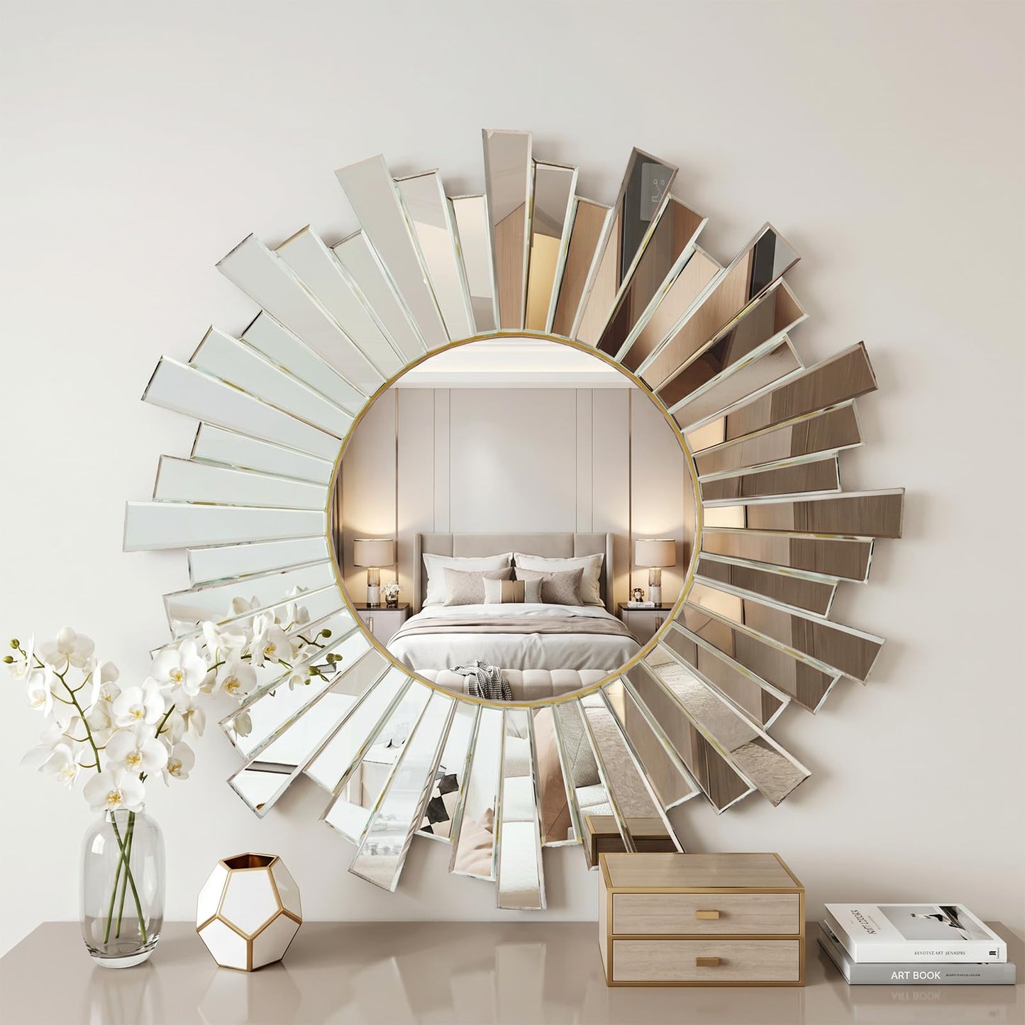 MYOTA Silver Sunburst Wall Mirror, 26" Decorative Round Accent Mirror with Beveled Mirrored Frame, Modern Glam Luxury Wall Decor for Living Room, Bedroom, Entryway, Dining Room and Fireplace