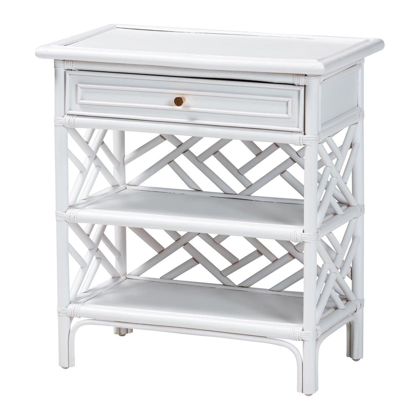 bali & pari Tiaret Natural Rattan Nightstand with Drawer and Shelves – Chippendale-Style Bedside Table for Bedroom or Coastal Living Spaces, White, 1-Drawer, 24-inch Wide