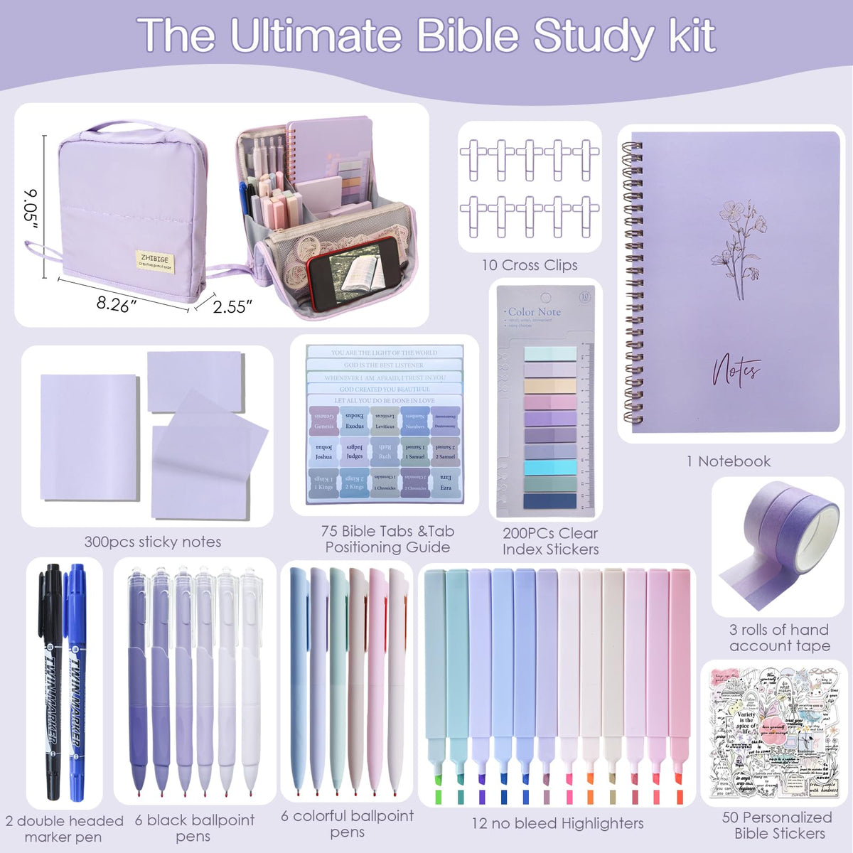 J6&H6 170Pcs Complete Bible Study Supplies, Bible Journaling Kit, Foldable Pencil Case with 75 Tabs,12 Pastel Bible Highlighters More Bible Accessories Set for Women, Beginner Christian Gifts (Purple)