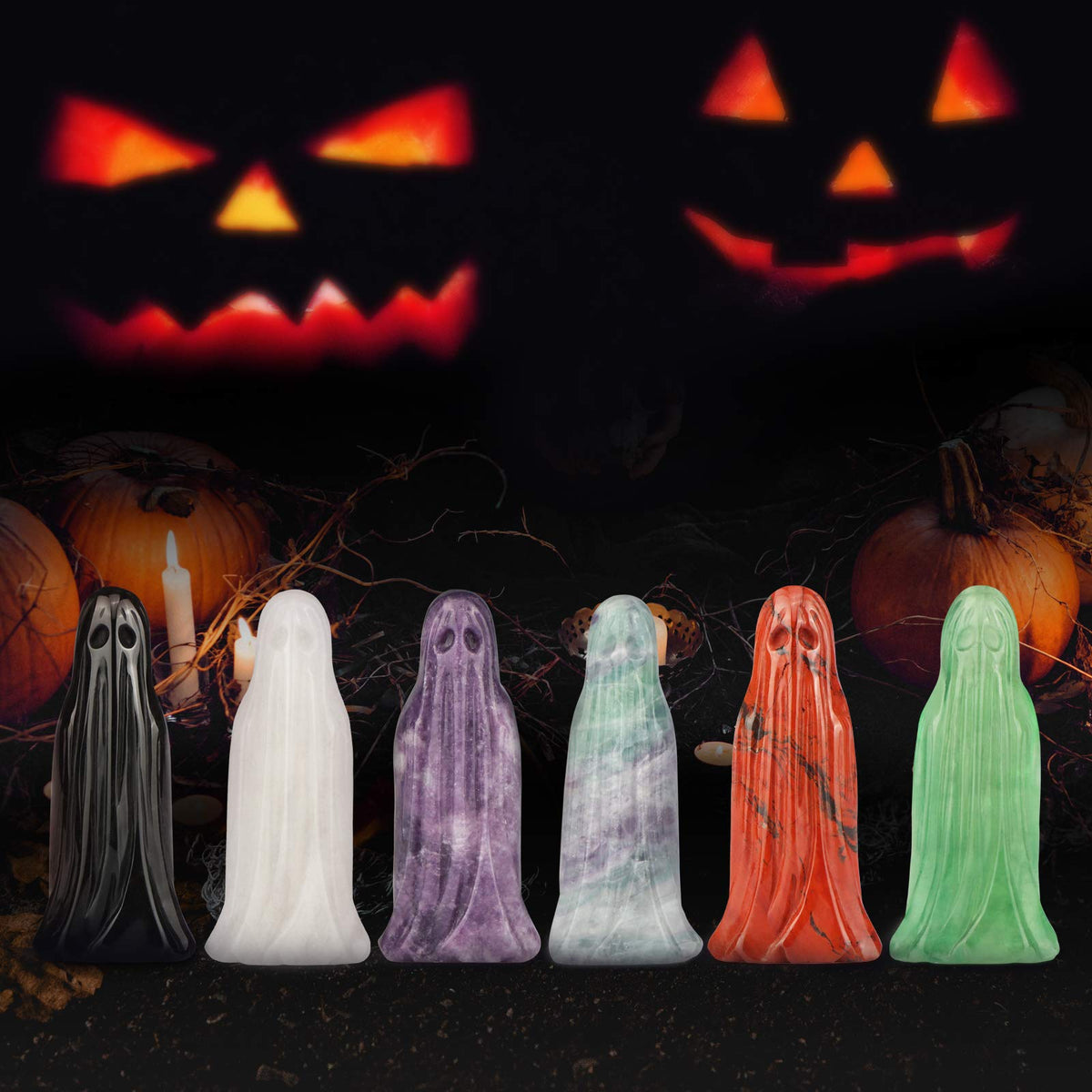 Artistone 3.0" Black Obsidian Halloween Crystal Ghost Carving Statue Figurine Hand Carved Gemstone Ghost Collectibles Sculpture Stone for Carnival Party Decoration with Gift Box