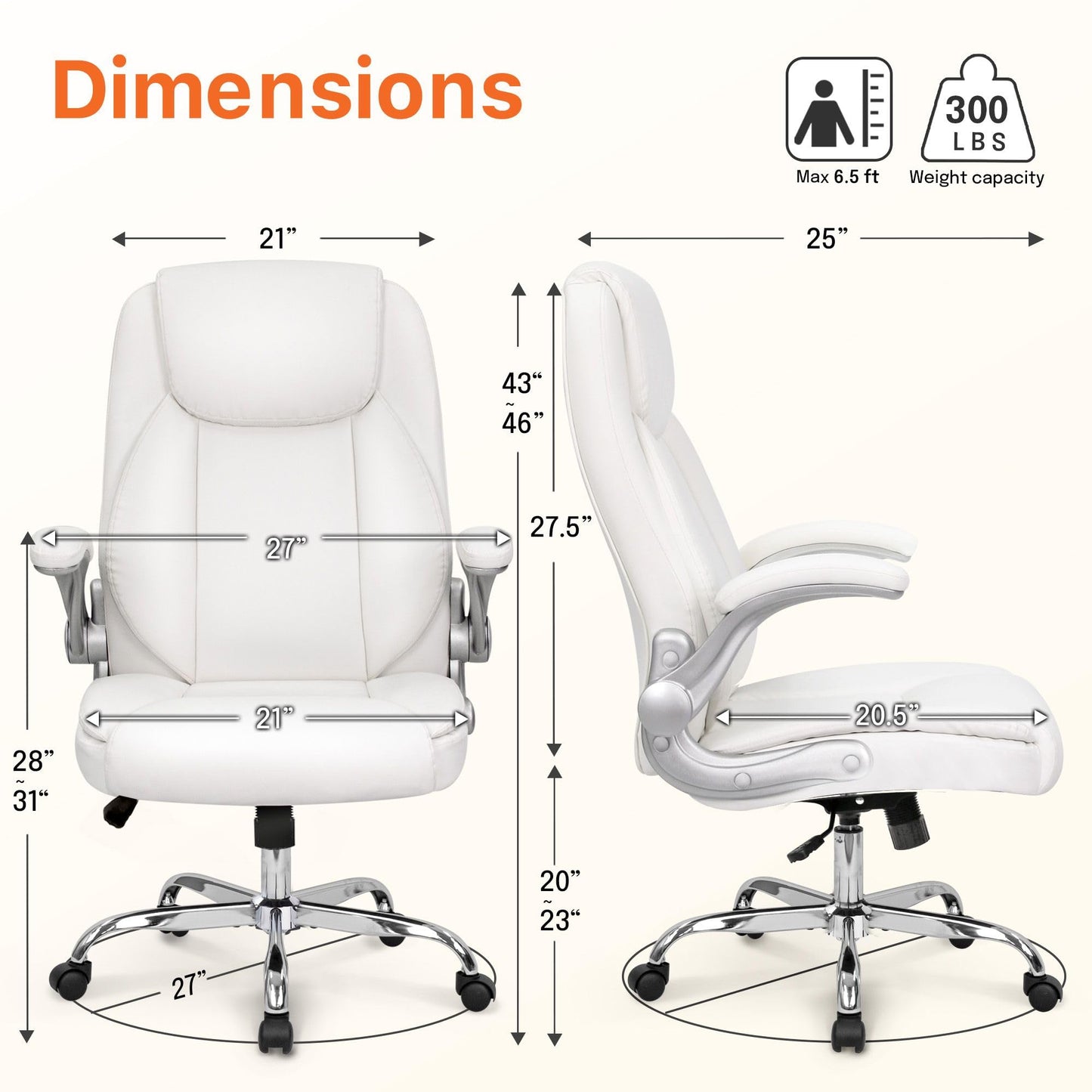 NEO CHAIR Office Desk Gaming Computer Home Chair Ergonomic Executive High Back Support Flip-up Arms Adjustable Height Swivel Rolling Wheels Comfy PU Leather (White)