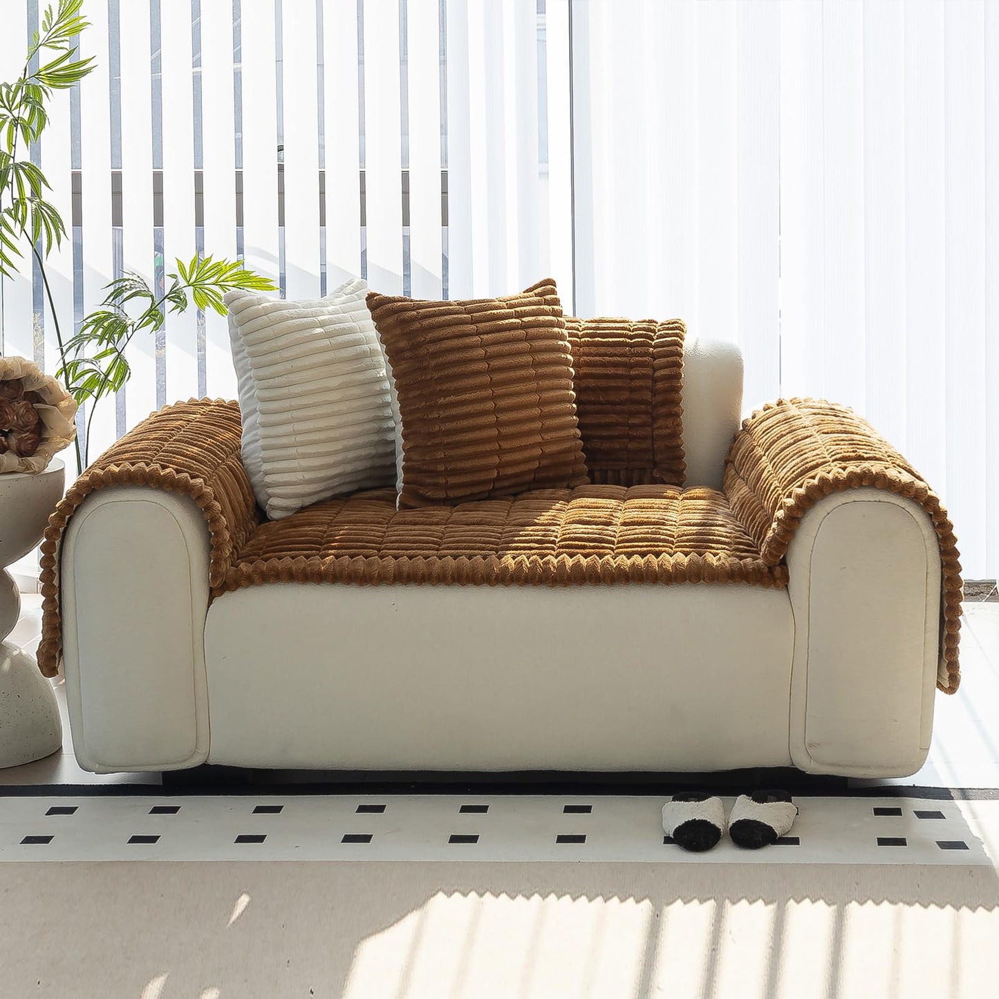 MDSASFD Sofa Couch Cover, Sofa Covers for Dogs Washable, Non-Slip Striped Sofa Slipcovers for Sectional Sofa, Sofa Cover Furniture Protector for L Shaped(Light Brown, 27.6"x 27.6")