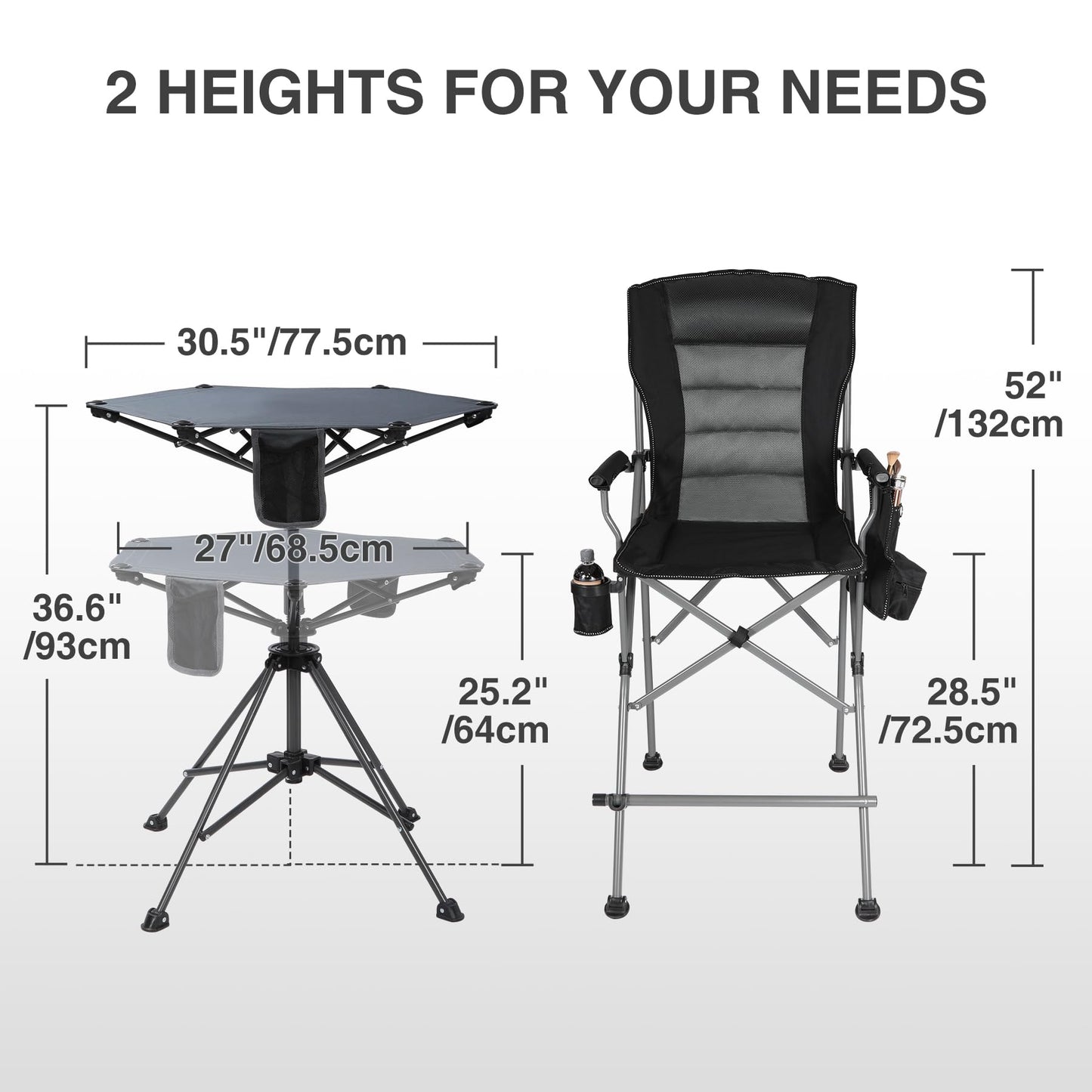 Stonehomy Extra Tall Folding Chairs 2 Pack & Adjustable Height Folding Table Set, Portable Outdoor Bar Table & Foldable Director Chairs with Makeup Pocket for Backyard,Beach,Travel with Storage Bag