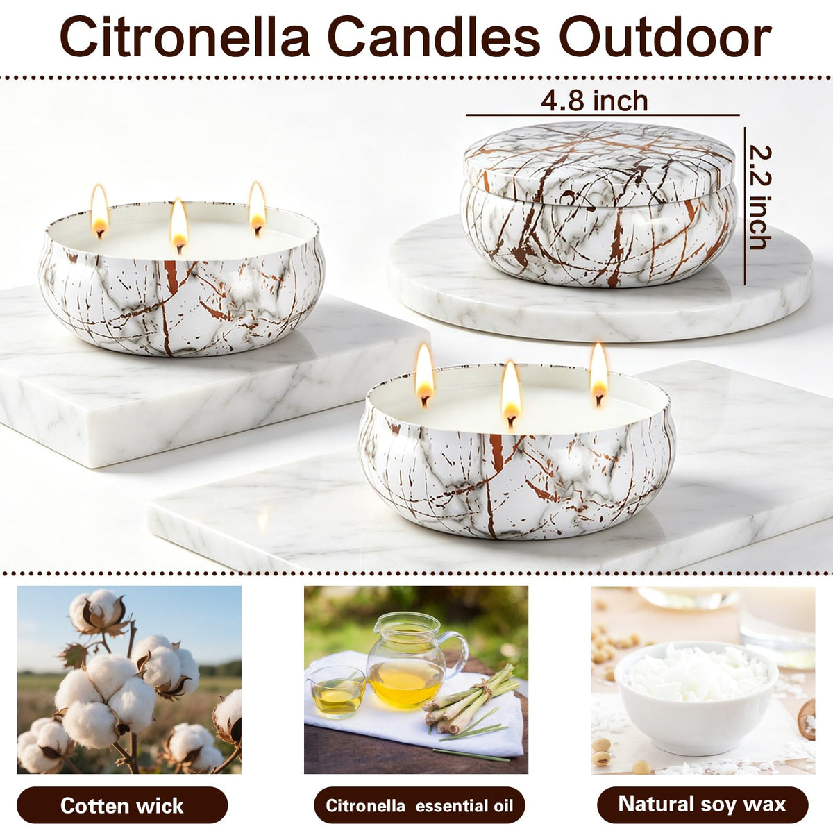 Citronella Candles Outdoor, 3 Pack Large Citronella Candle for Patio, 12oz, 3 Wick Soy Wax Candle, Long Lasting 240 Hours Total for Backyard Camping Deck Garden, Summer Indoor Outside Home Use