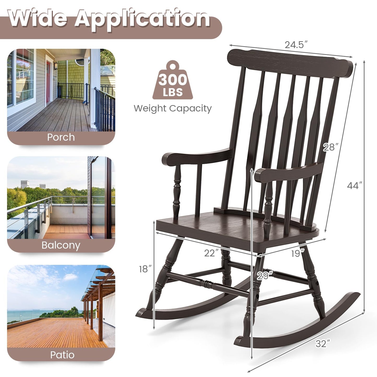 Giantex Outdoor Wood Rocking Chair - Patio Rocking Chair with Solid Rubber Wood Frame, Slat Back, Outside & Indoor Rocker for Garden, Poolside, Balcony, Backyard, Lawn, Front Porch Rocker, Dark Coffee